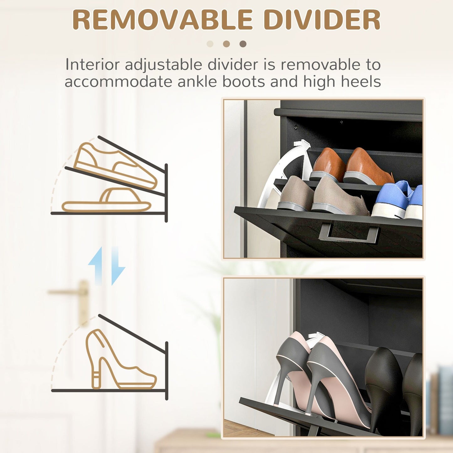 HOMCOM Shoe Cabinet for Entryway, Narrow Shoe Rack Storage Organizer with 2 Flip Drawers and Adjustable Shelves