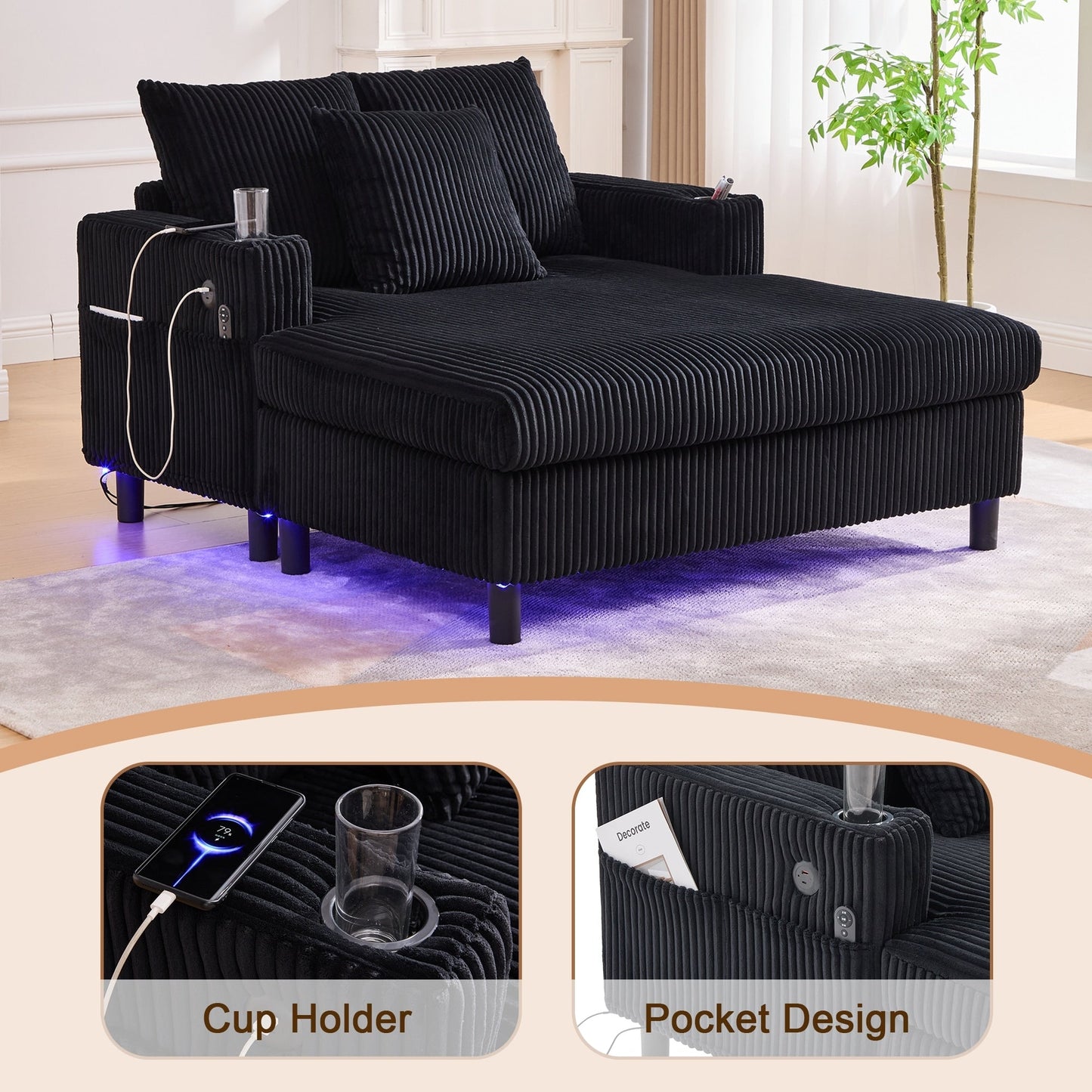 Canapé-lit inclinable surdimensionné HOMEFUN en velours côtelé avec éclairage LED RVB, porte-gobelet, port USB et 3 oreillers