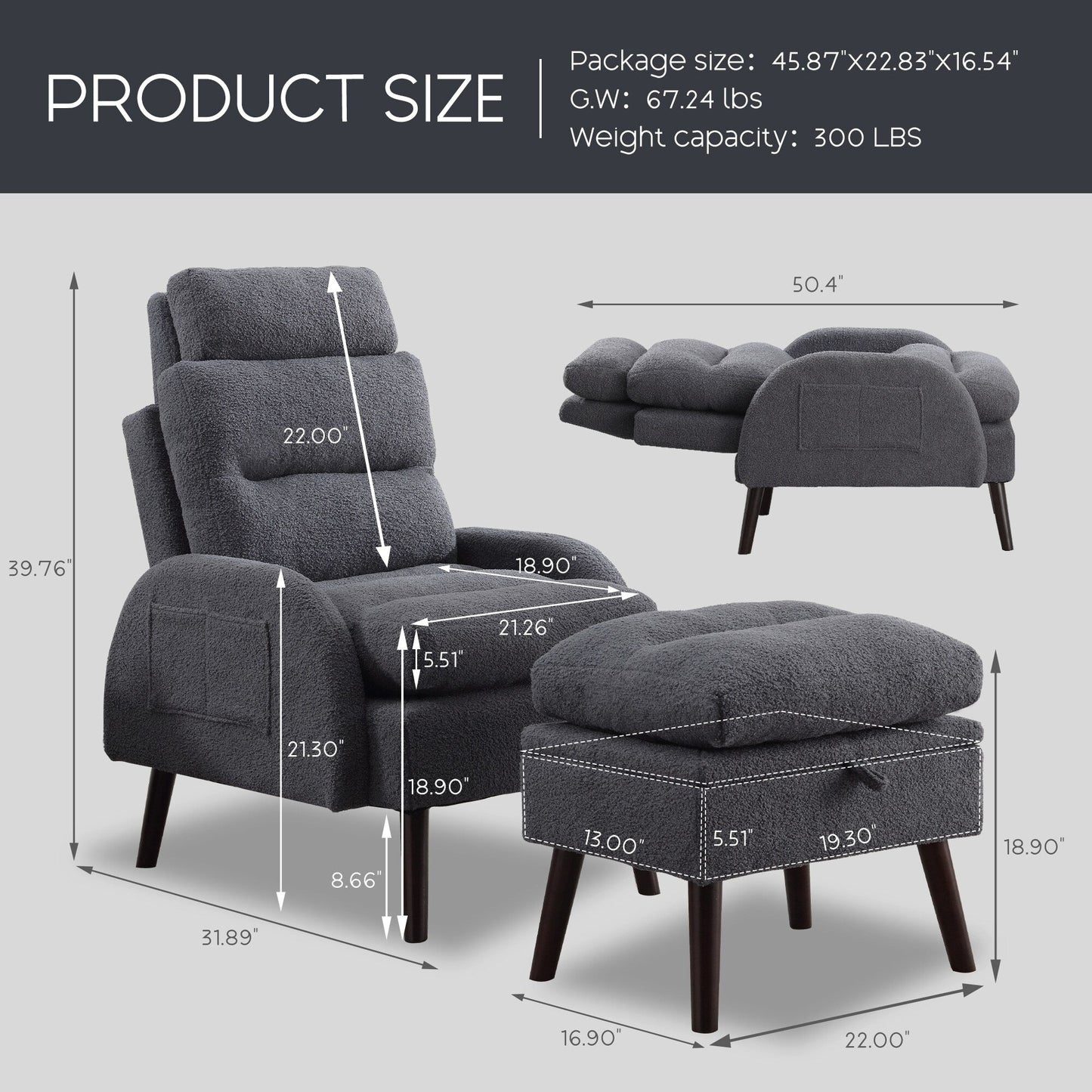 Fauteuil d'appoint HOMYKA avec dossier réglable et pouf de rangement