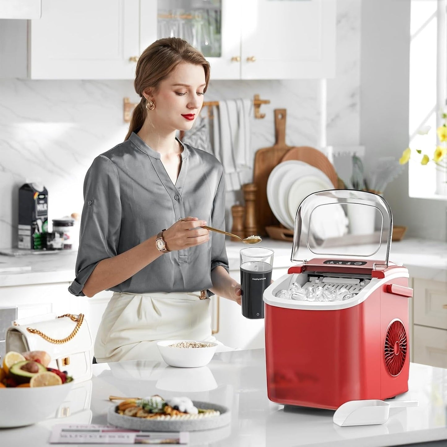 Ice Makers Countertop, Portable Ice Maker Machine with Handle, Self-Cleaning Ice Maker, for Home/Office/Kitchen