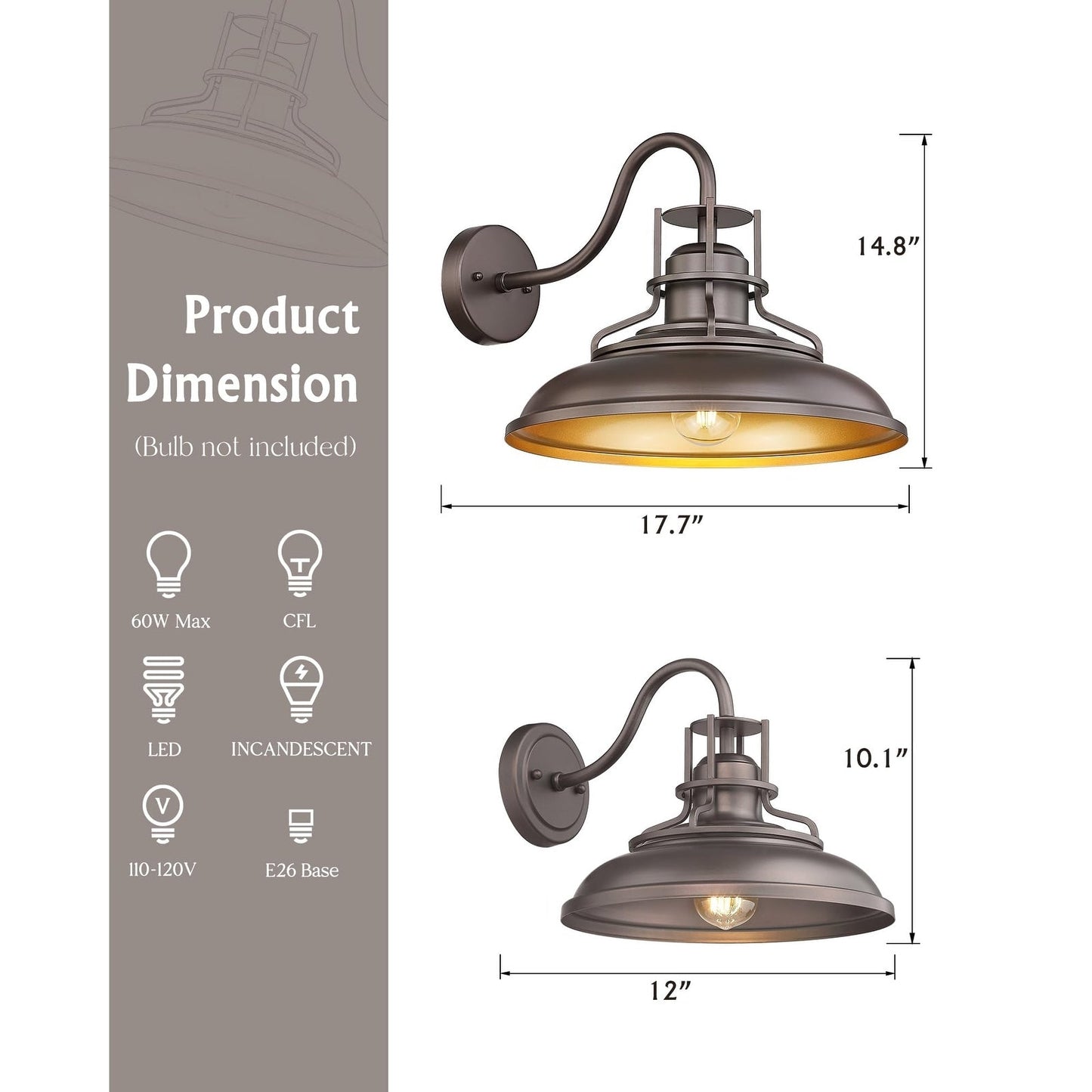Indoor Outdoor Wall Sconces, Gooseneck Wall Sconces Vintage Farmhouse Wall Lamp, Oil Rubbed Bronze Finish