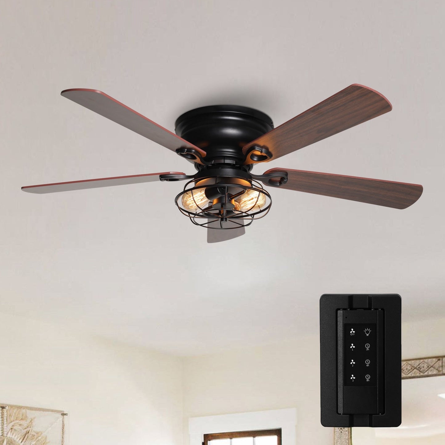 Ventilateur de plafond encastré noir Farmhouse de 48 po à 5 pales en bois à profil bas avec télécommande et kit d'éclairage