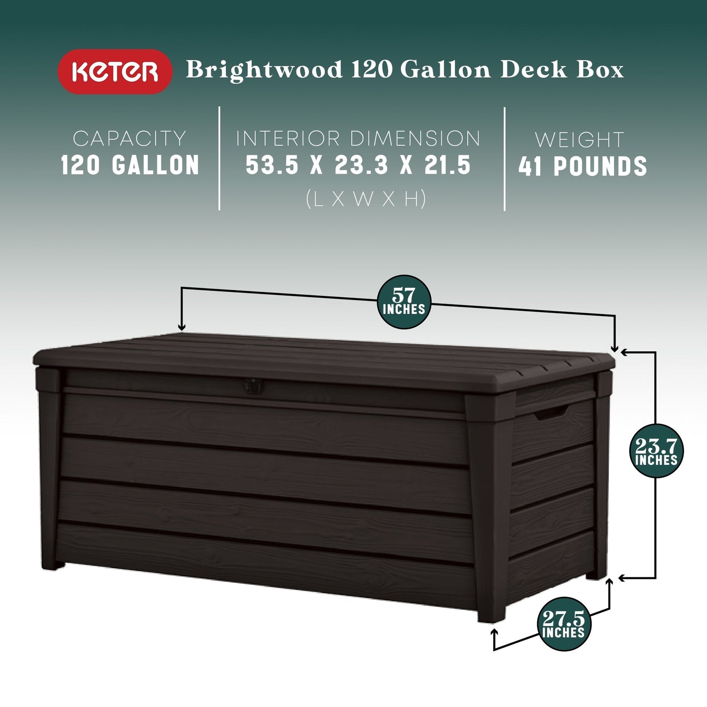 Banc de rangement Keter Brightwood en résine résistante aux intempéries, 120 gal, marron - 40