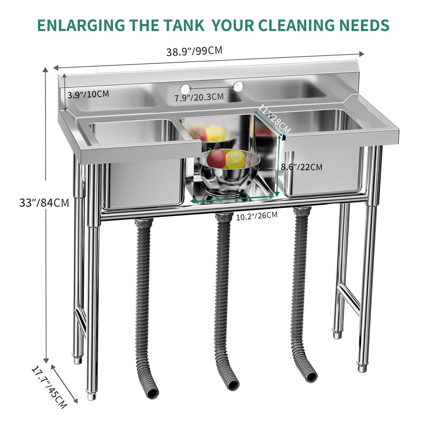 Évier de cuisine à cuve compartimentée en acier inoxydable, évier commercial autoportant