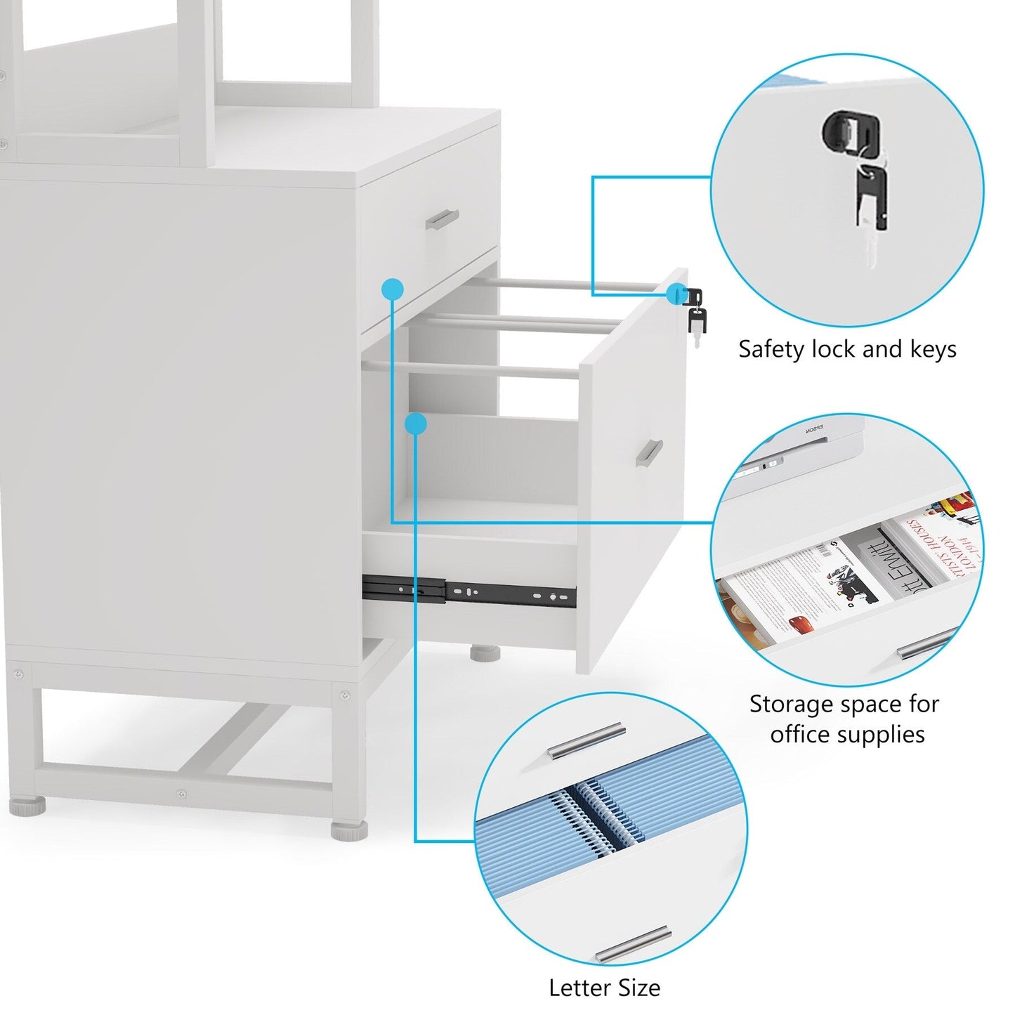 Classeur à 2 tiroirs, meuble de classement moderne avec support d'imprimante et serrure