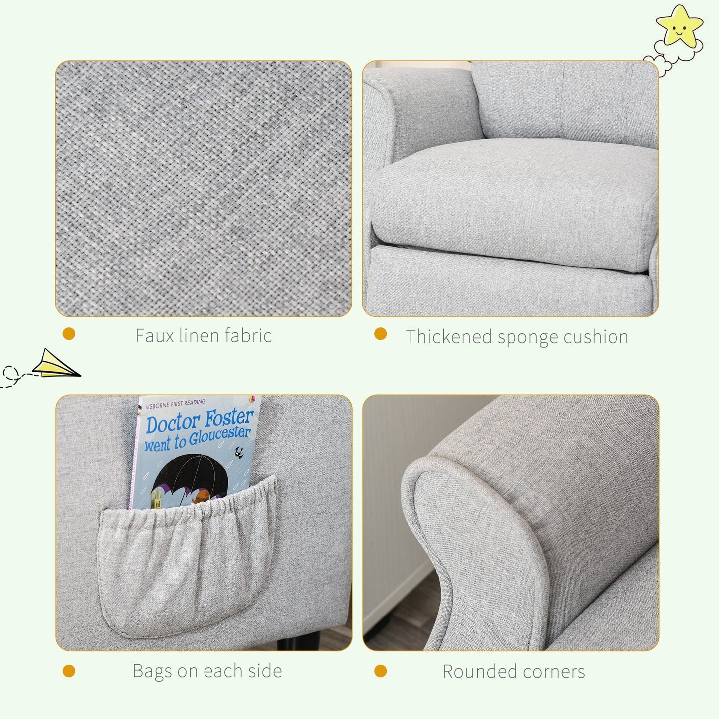 Fauteuil inclinable manuel rembourré gris clair pour enfants de 3 à 5 ans avec repose-pieds et 2 poches latérales