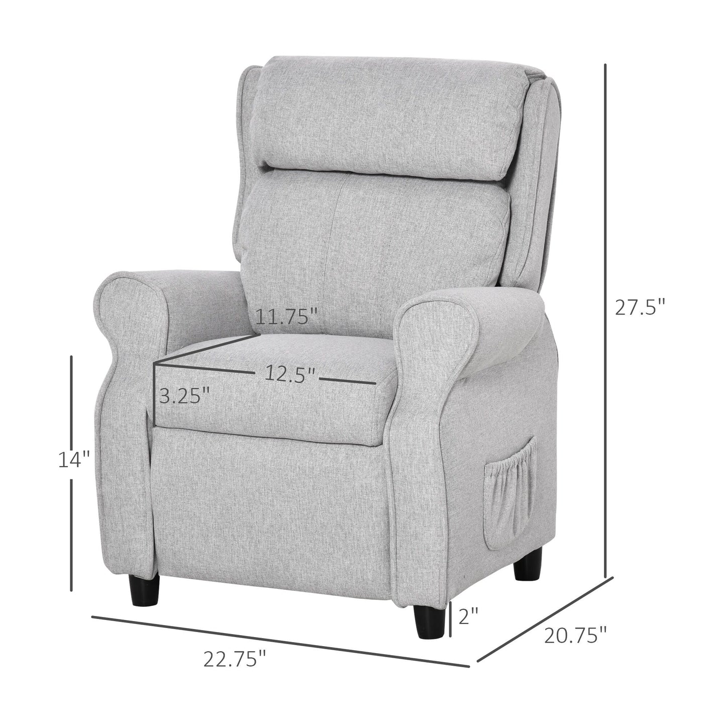 Fauteuil inclinable manuel rembourré gris clair pour enfants de 3 à 5 ans avec repose-pieds et 2 poches latérales