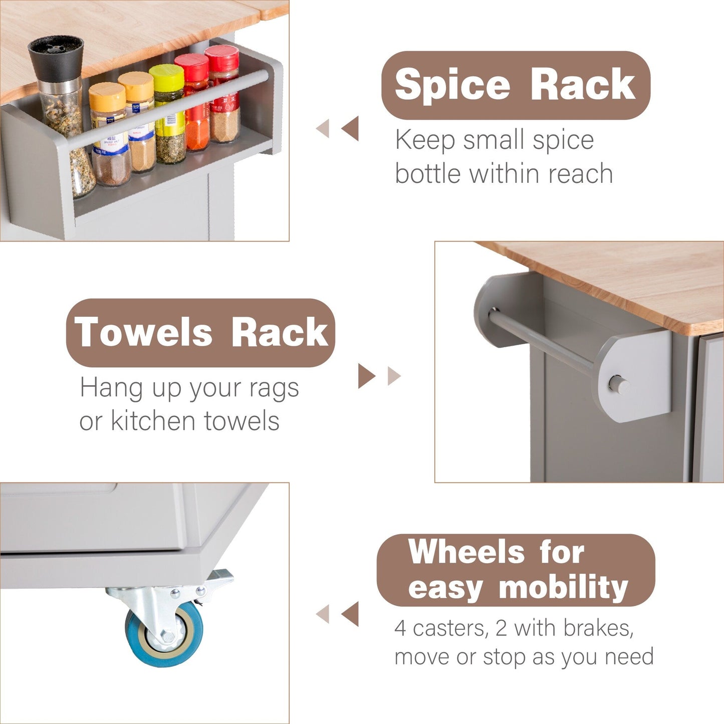 Desserte de cuisine Sophia & William avec abattant et plateau en bois d'hévéa, desserte de cuisine roulante avec grand meuble de rangement