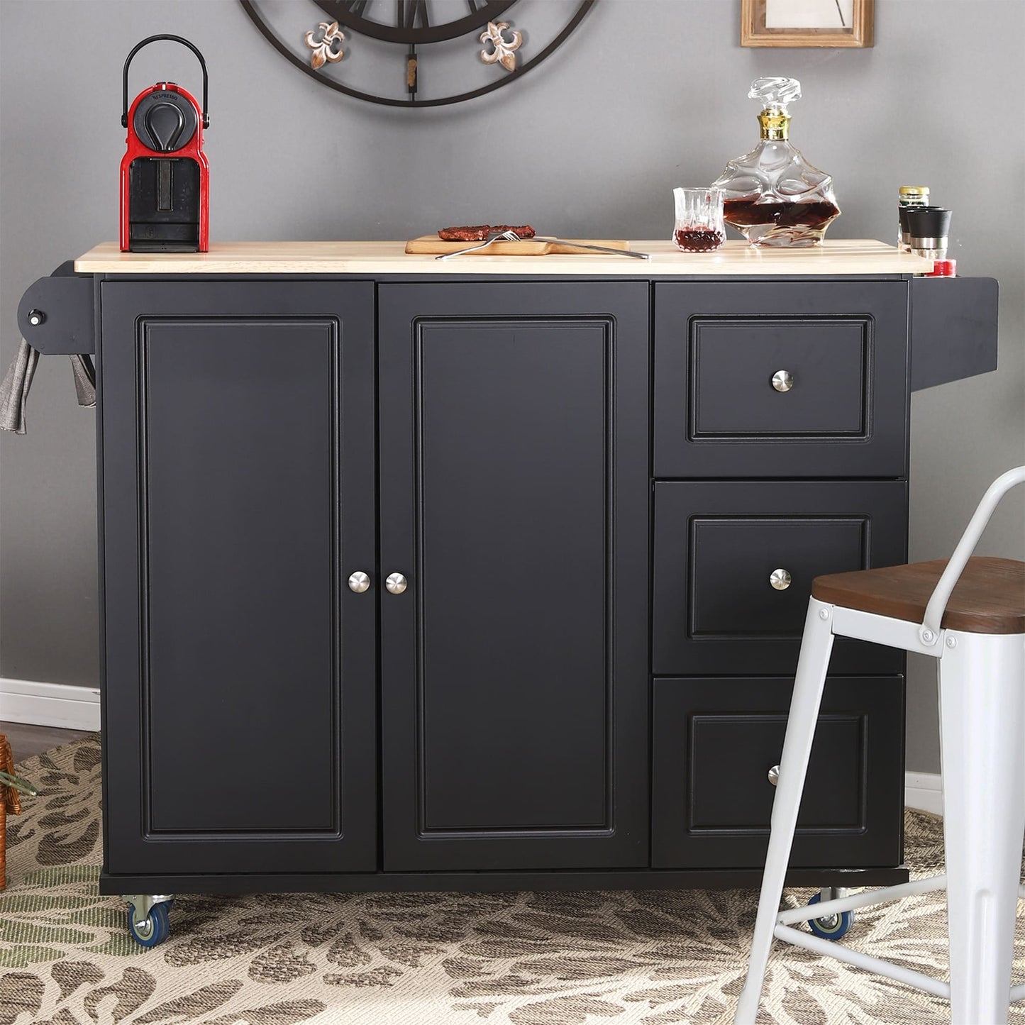 Desserte de cuisine Sophia & William avec abattant et plateau en bois d'hévéa, desserte de cuisine roulante avec grand meuble de rangement