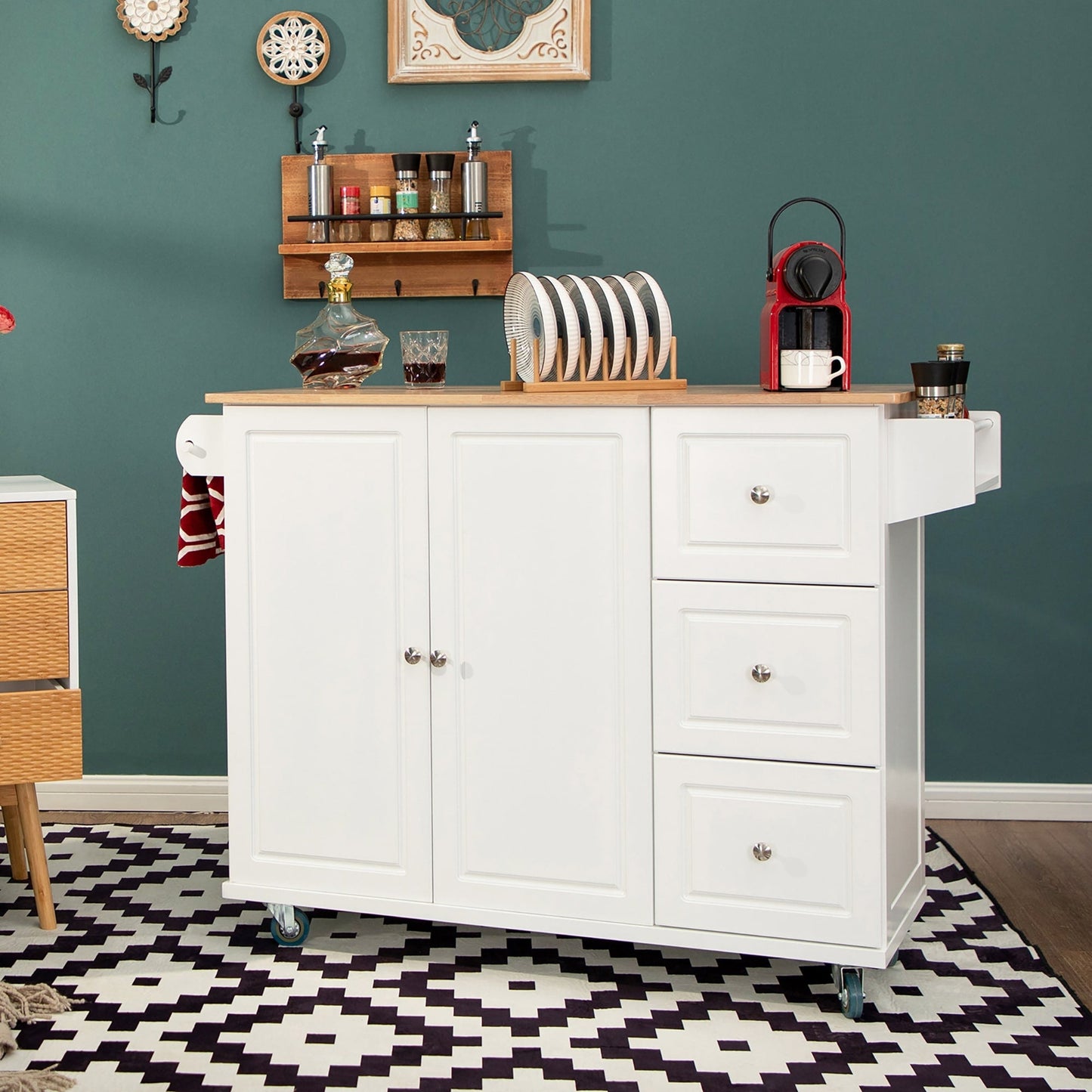 Desserte de cuisine Sophia & William avec abattant et plateau en bois d'hévéa, desserte de cuisine roulante avec grand meuble de rangement