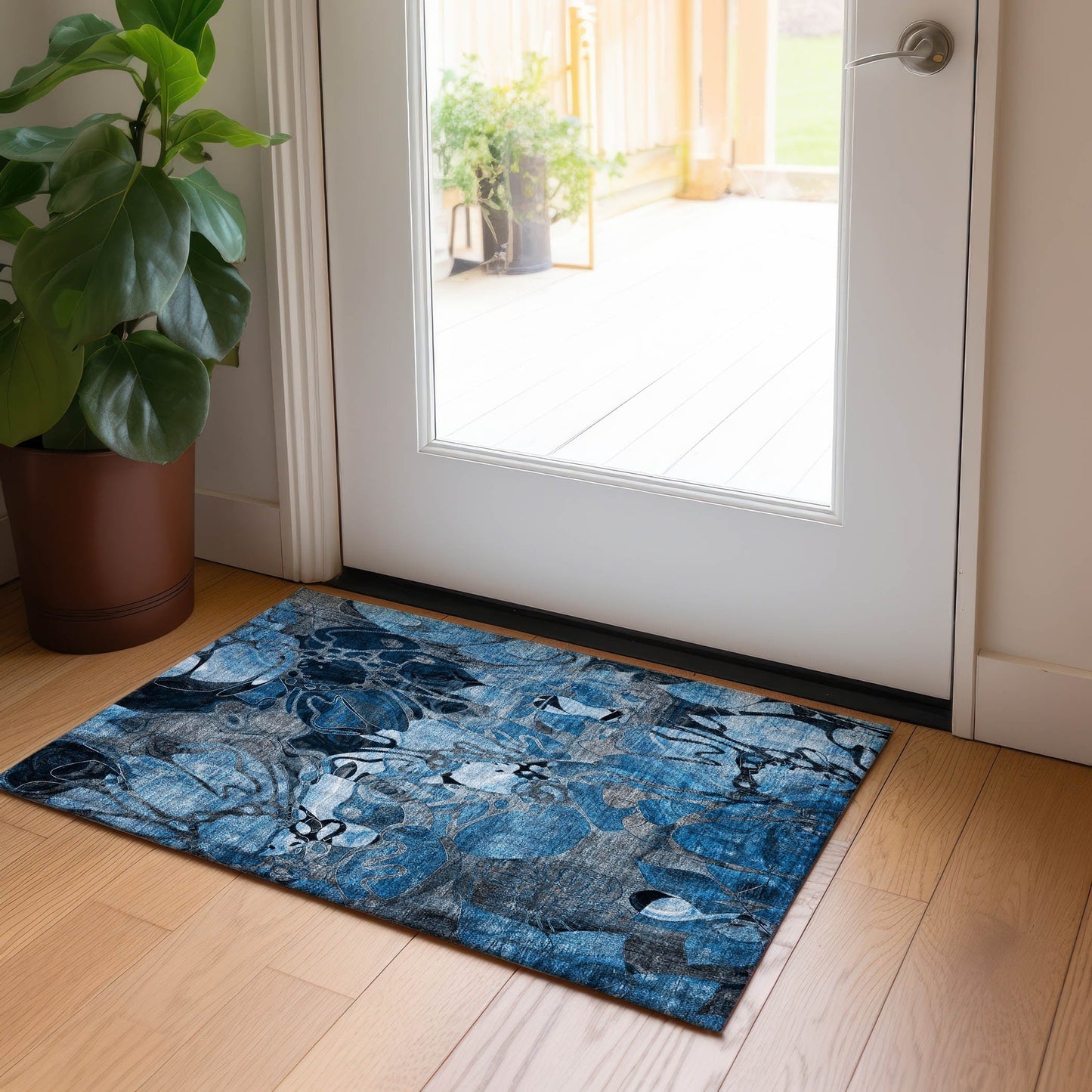 Machine Washable Indoor/ Outdoor Modern Floral Chantille Rug