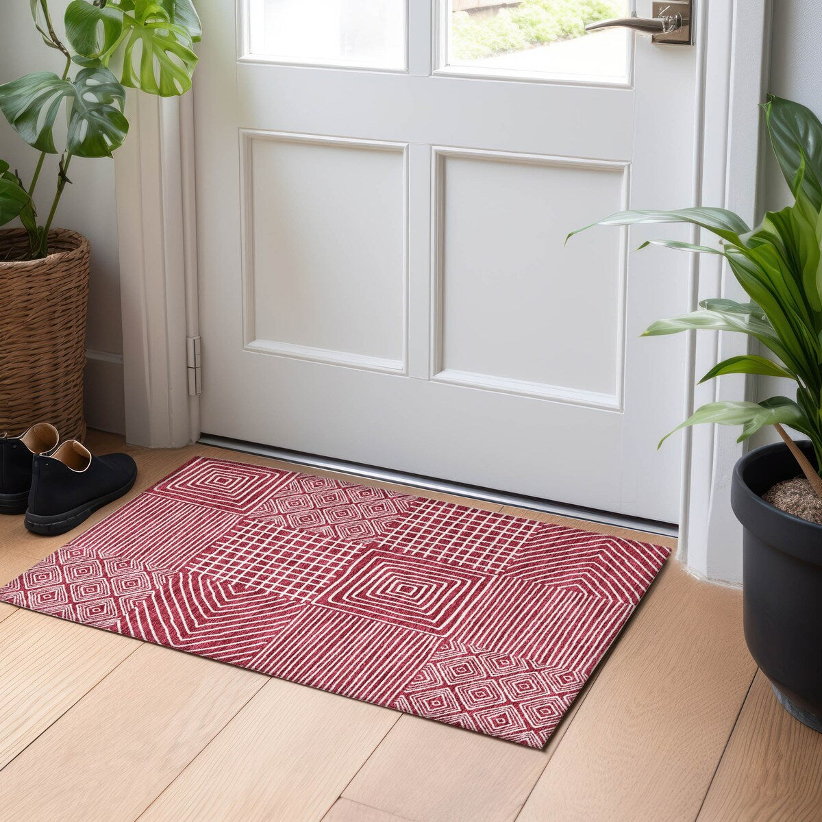 Machine Washable Indoor/ Outdoor Modern Mosaic Chantille Rug