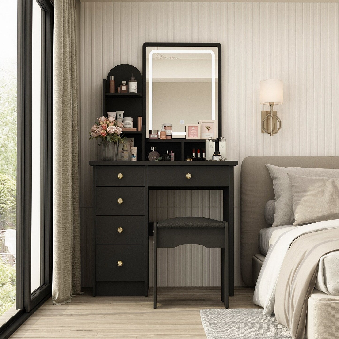 Coiffeuse avec table et tabouret, miroir et éclairage LED