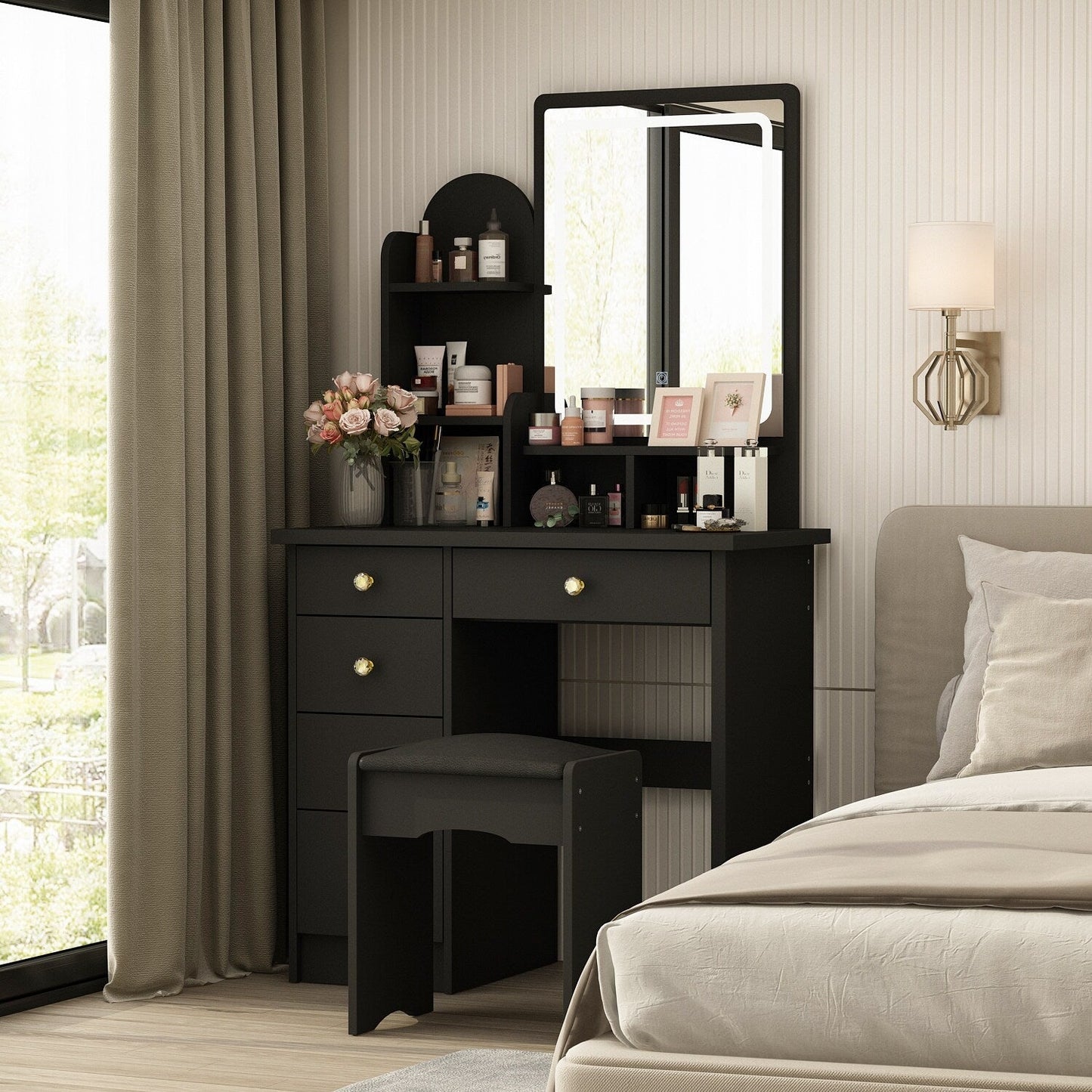 Coiffeuse avec table et tabouret, miroir et éclairage LED