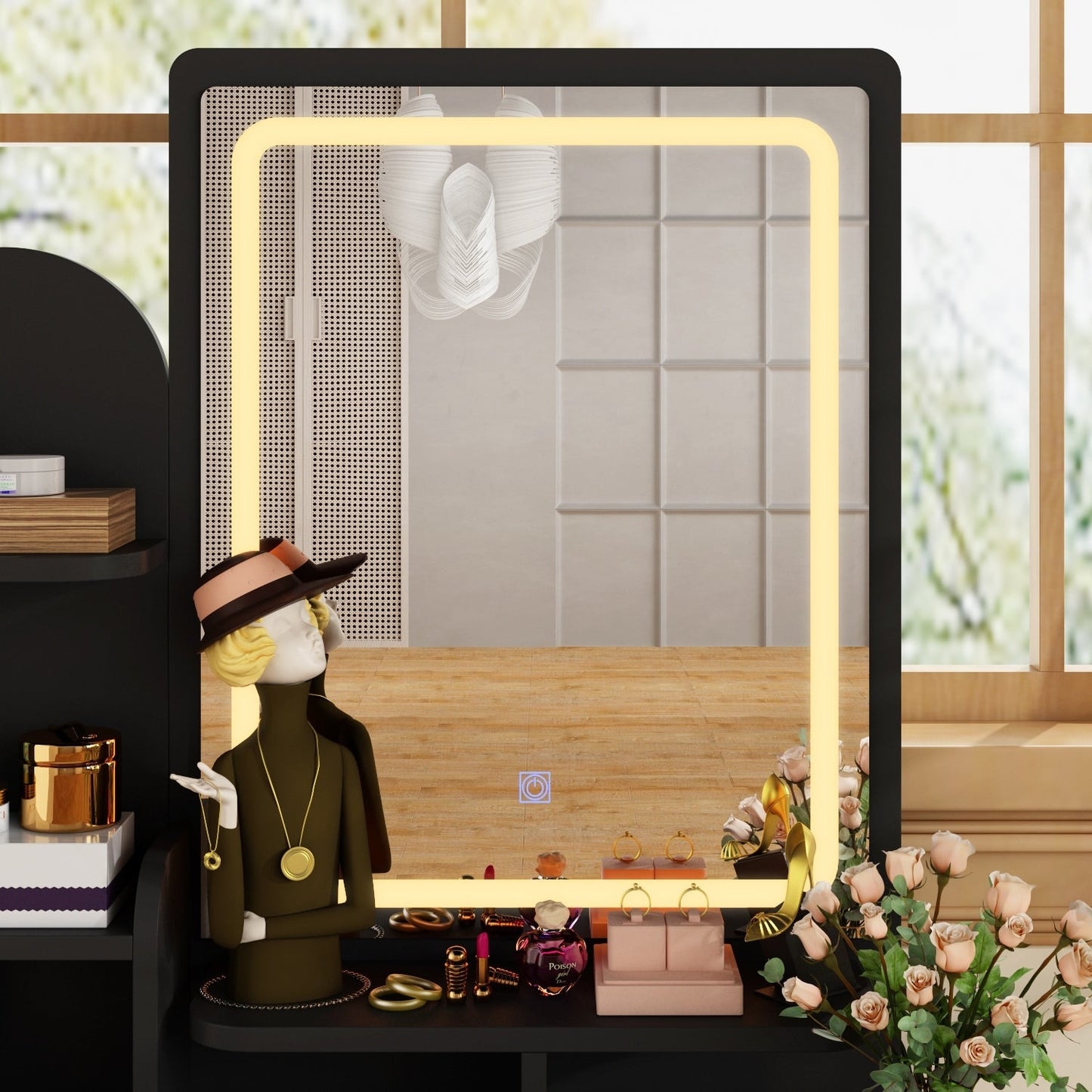 Coiffeuse avec table et tabouret, miroir et éclairage LED