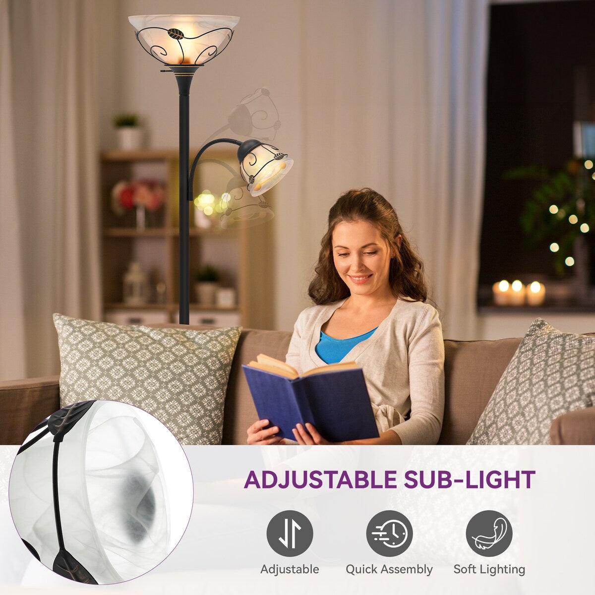 Moasis 71 Traditional Torchiere Floor Lamp with Adjustable Reading Light, Alabaster glass shades - 71H