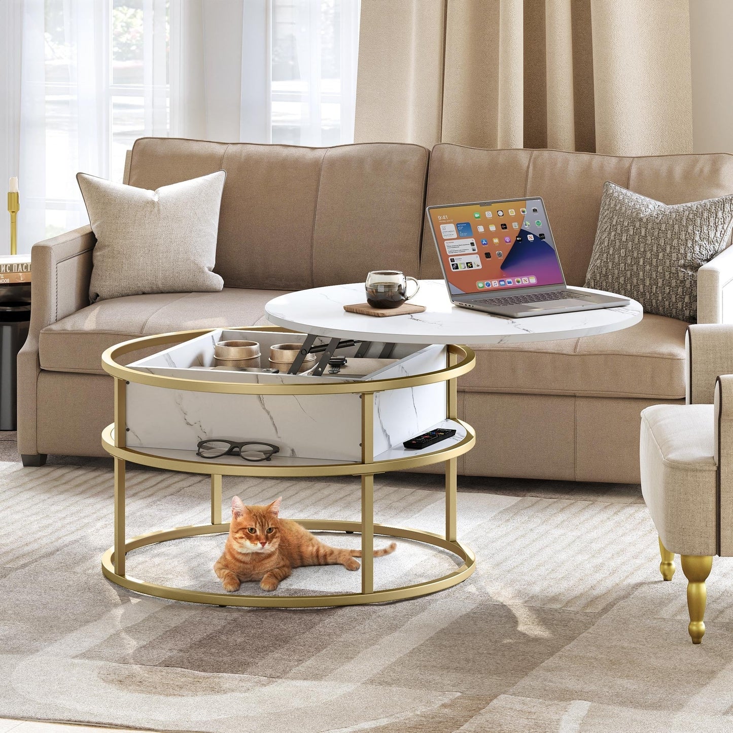 Moasis Round Lift Top Coffee Table with Hidden Storage