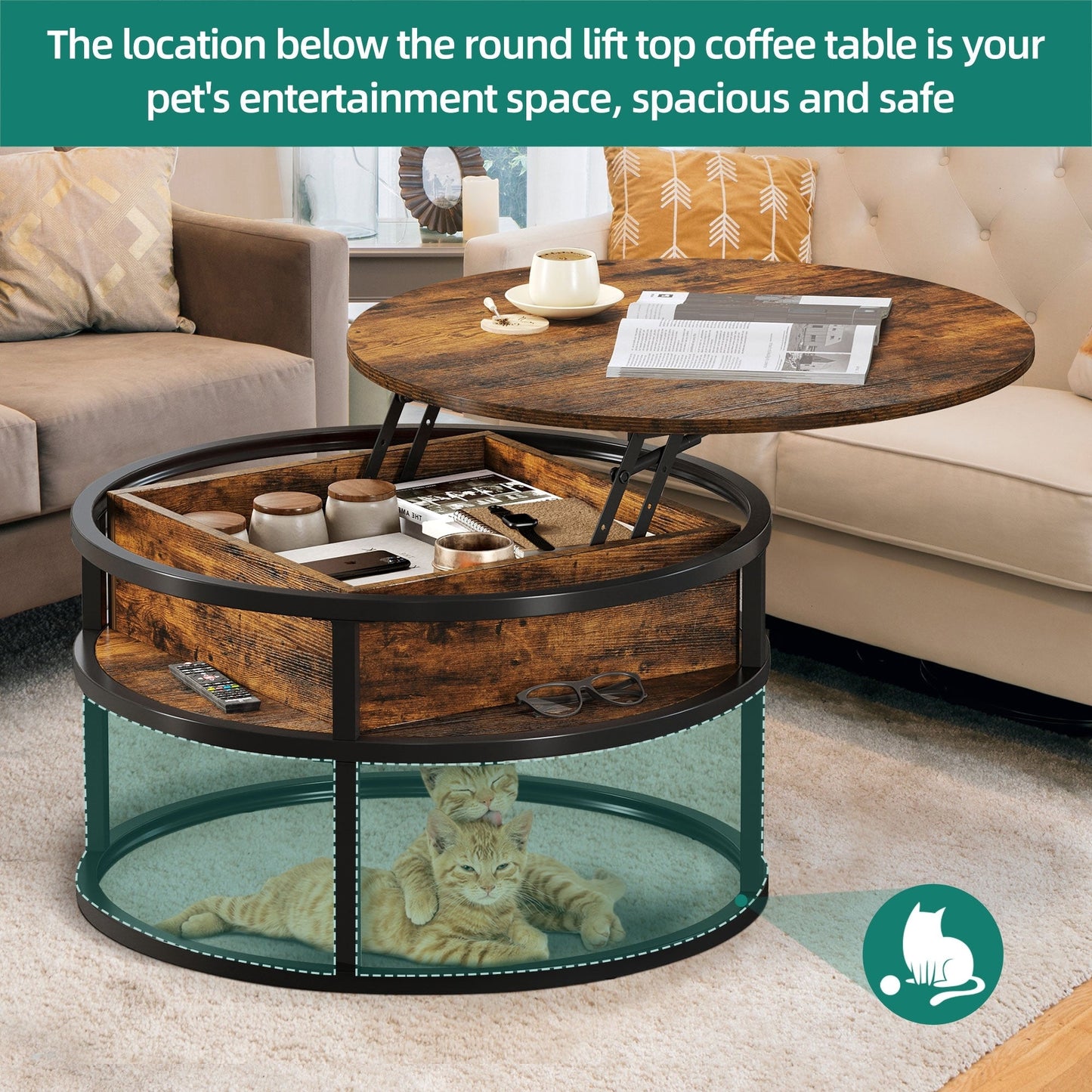 Moasis Round Lift Top Coffee Table with Hidden Storage