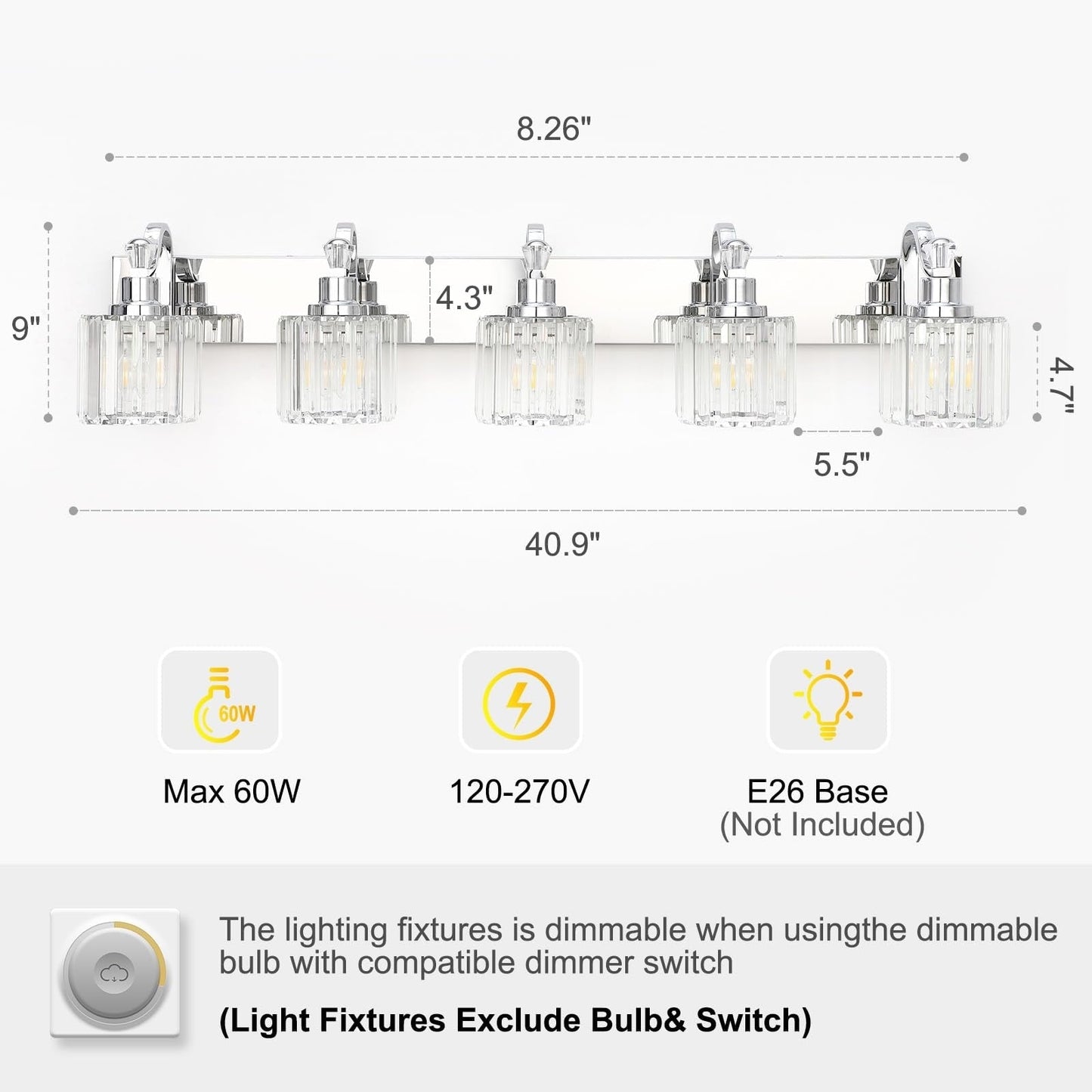 Modern Crystal Bathroom Vanity Lights Dimmable Wall Sconces
