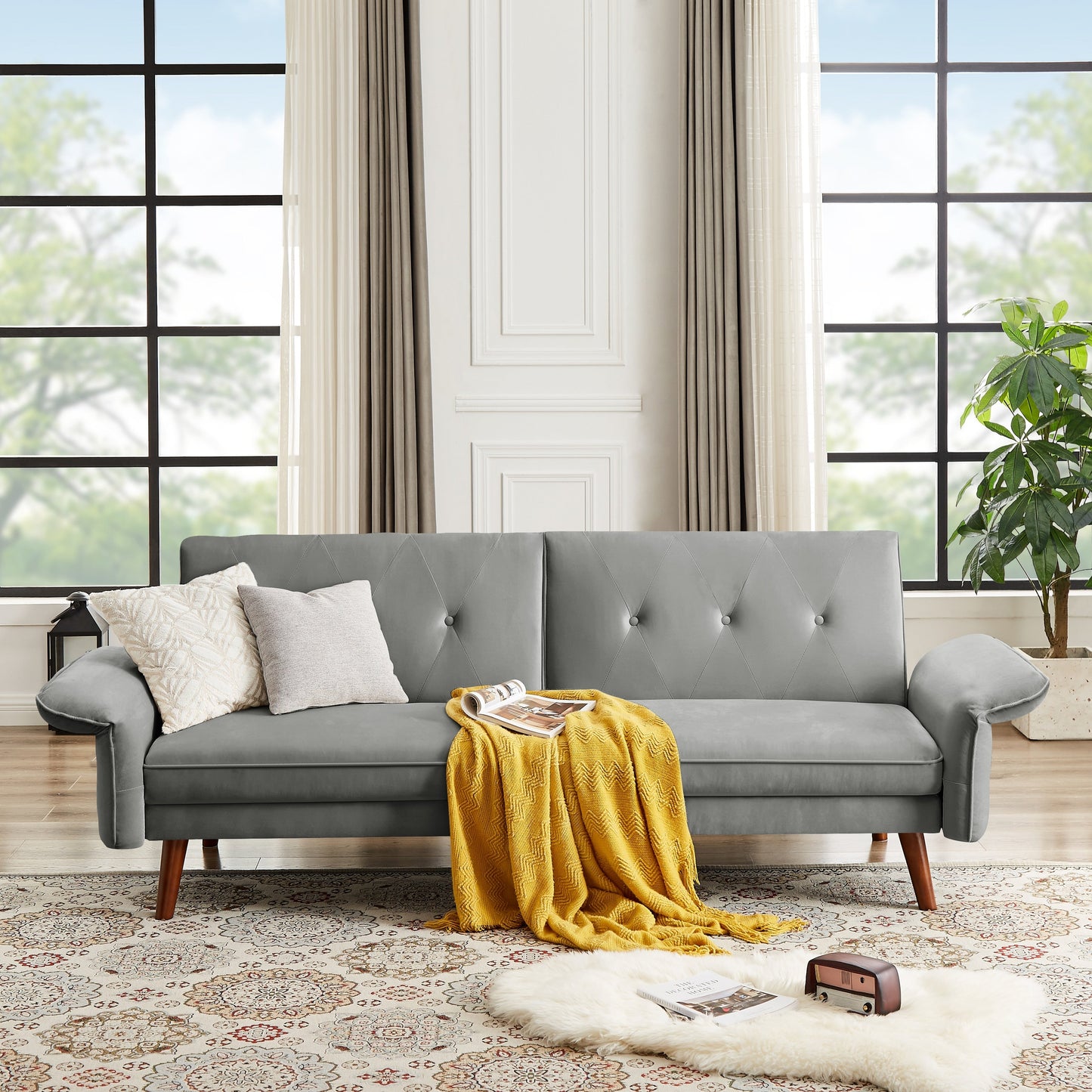 Canapé-lit futon moderne, canapé-lit convertible avec pieds fuselés en bois, 78,35 po, petit canapé à dossier divisé pour salon