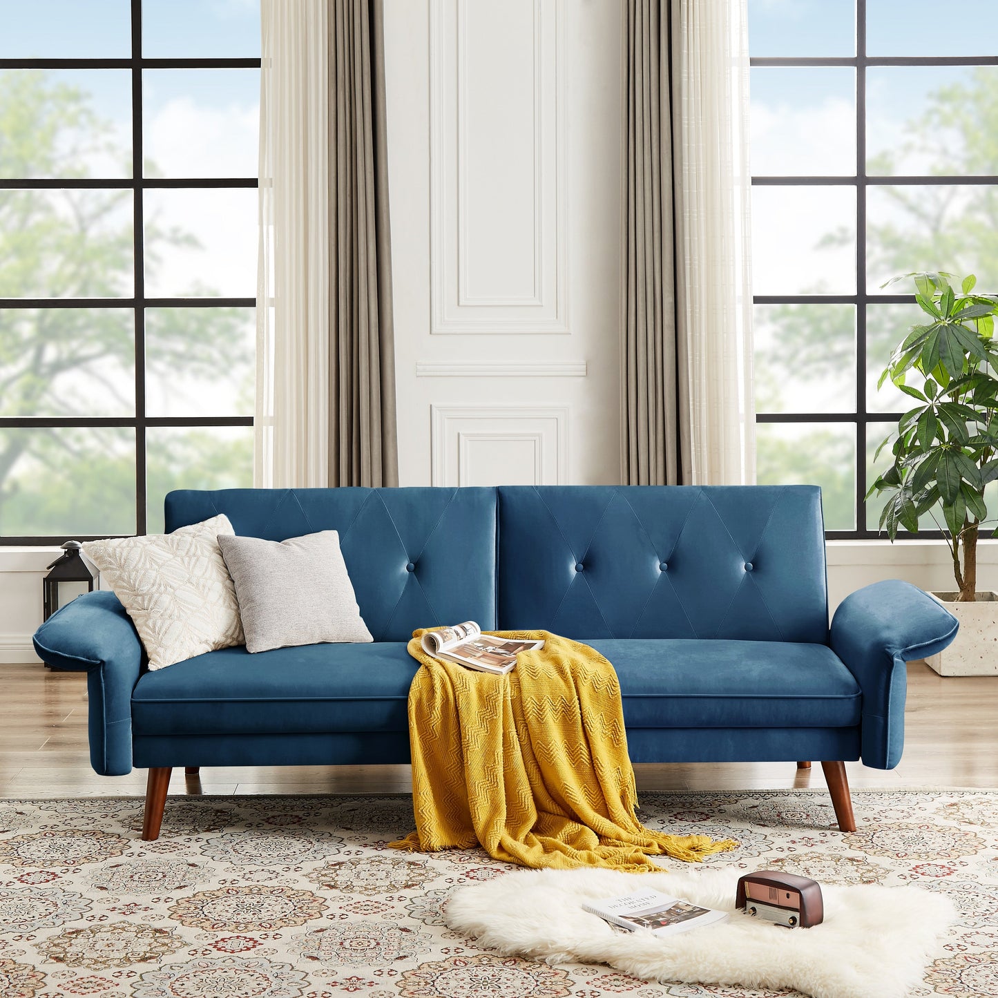 Canapé-lit futon moderne, canapé-lit convertible avec pieds fuselés en bois, 78,35 po, petit canapé à dossier divisé pour salon