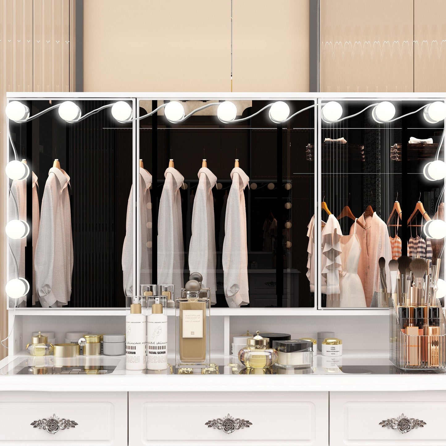 Miroir de maquillage pliable blanc moderne avec éclairage réglable - 40,2 x 54,1