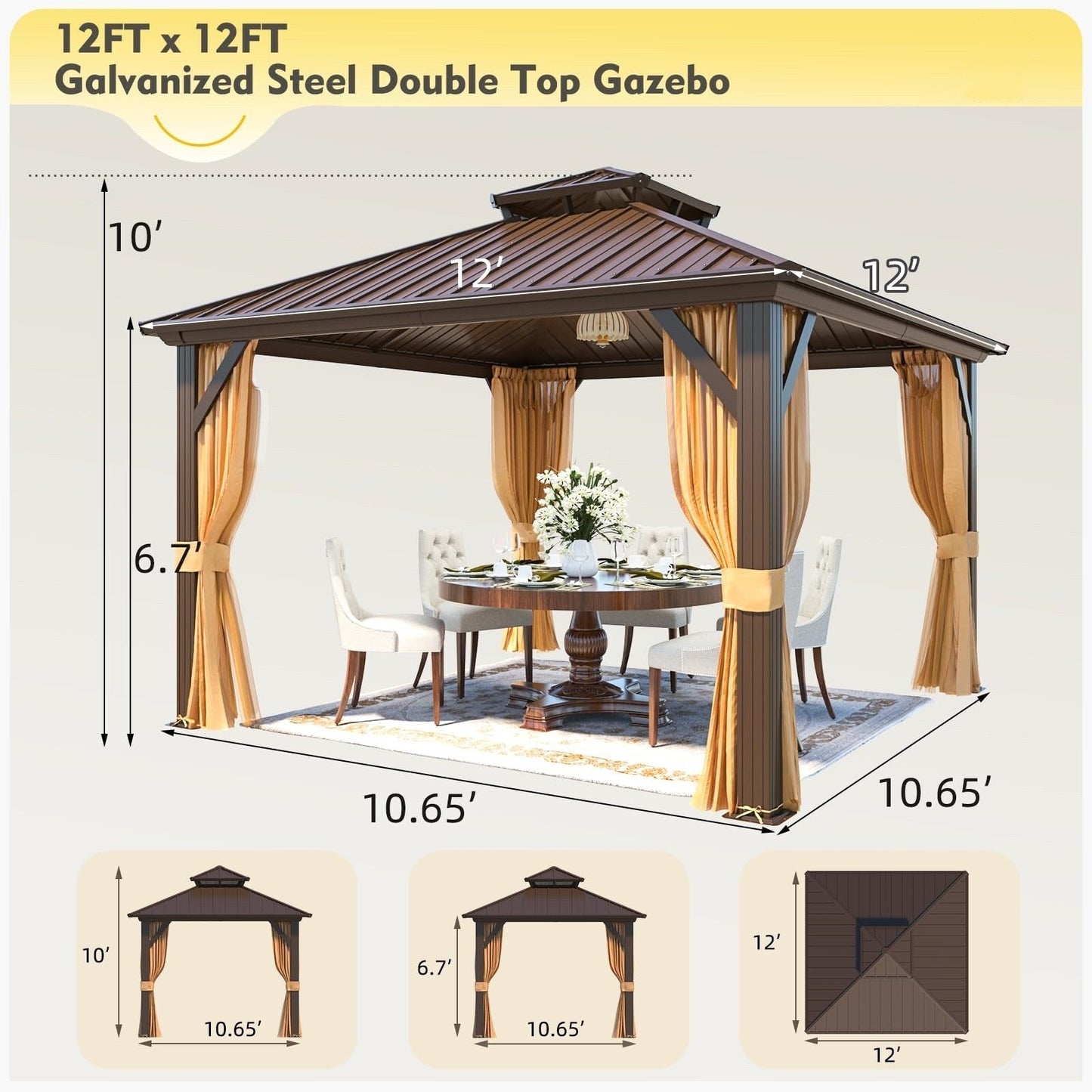 Tonnelle d'extérieur à toit rigide avec double toit en acier galvanisé et cadre en aluminium, pergola extérieure avec rideaux et filets haut de gamme