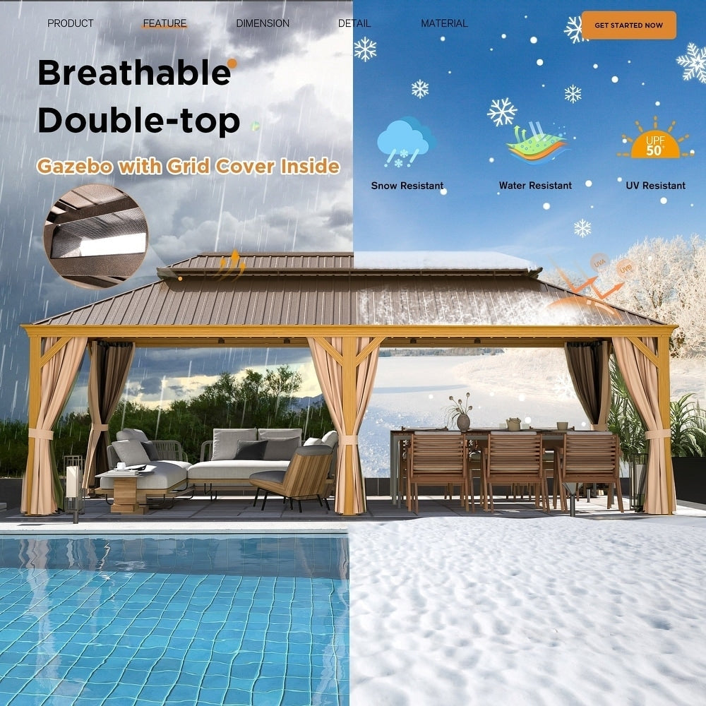 Tonnelle d'extérieur à toit rigide avec double toit en acier galvanisé et cadre en aluminium, pergola extérieure avec rideaux et filets haut de gamme