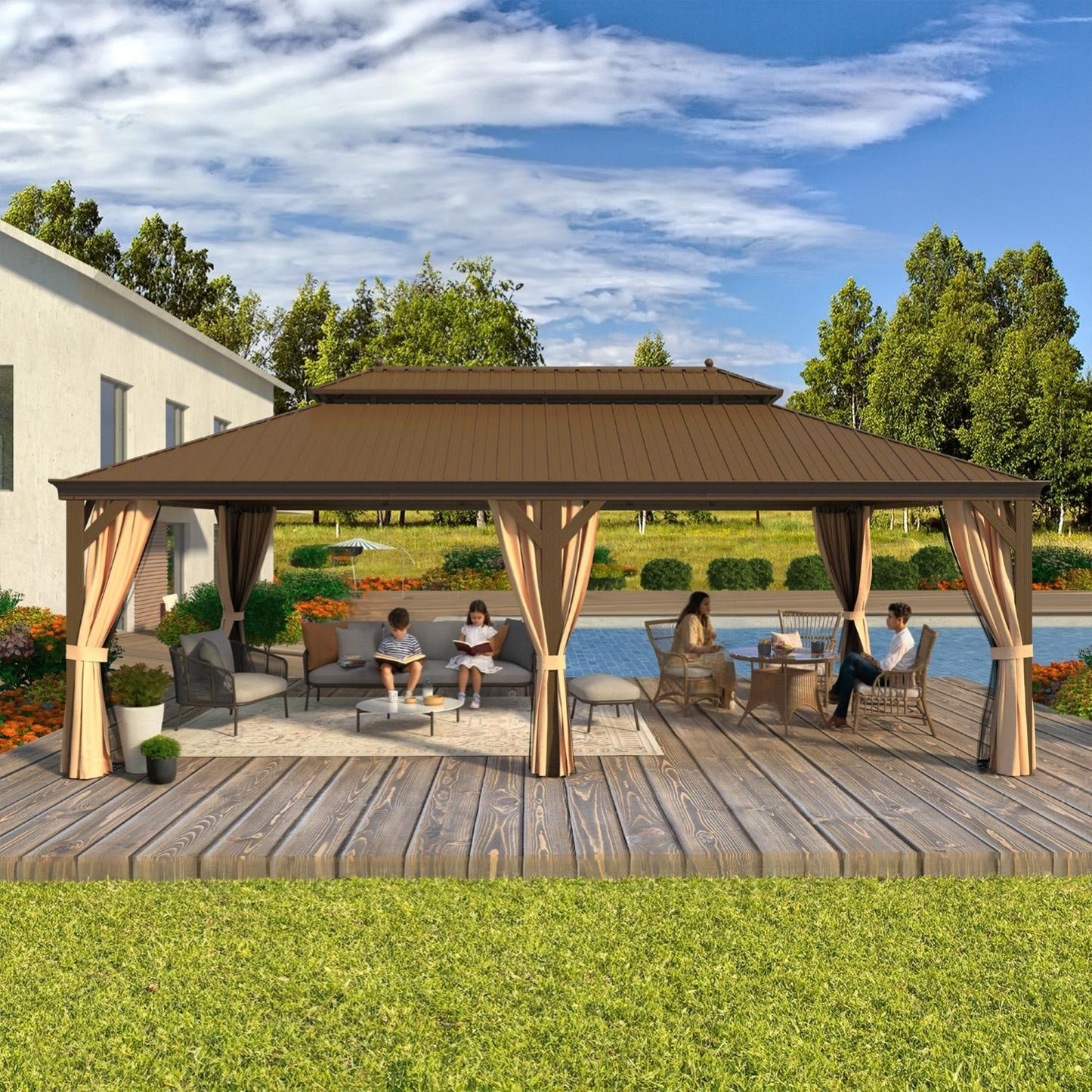 Tonnelle d'extérieur à toit rigide avec double toit en acier galvanisé et cadre en aluminium, pergola extérieure avec rideaux et filets haut de gamme