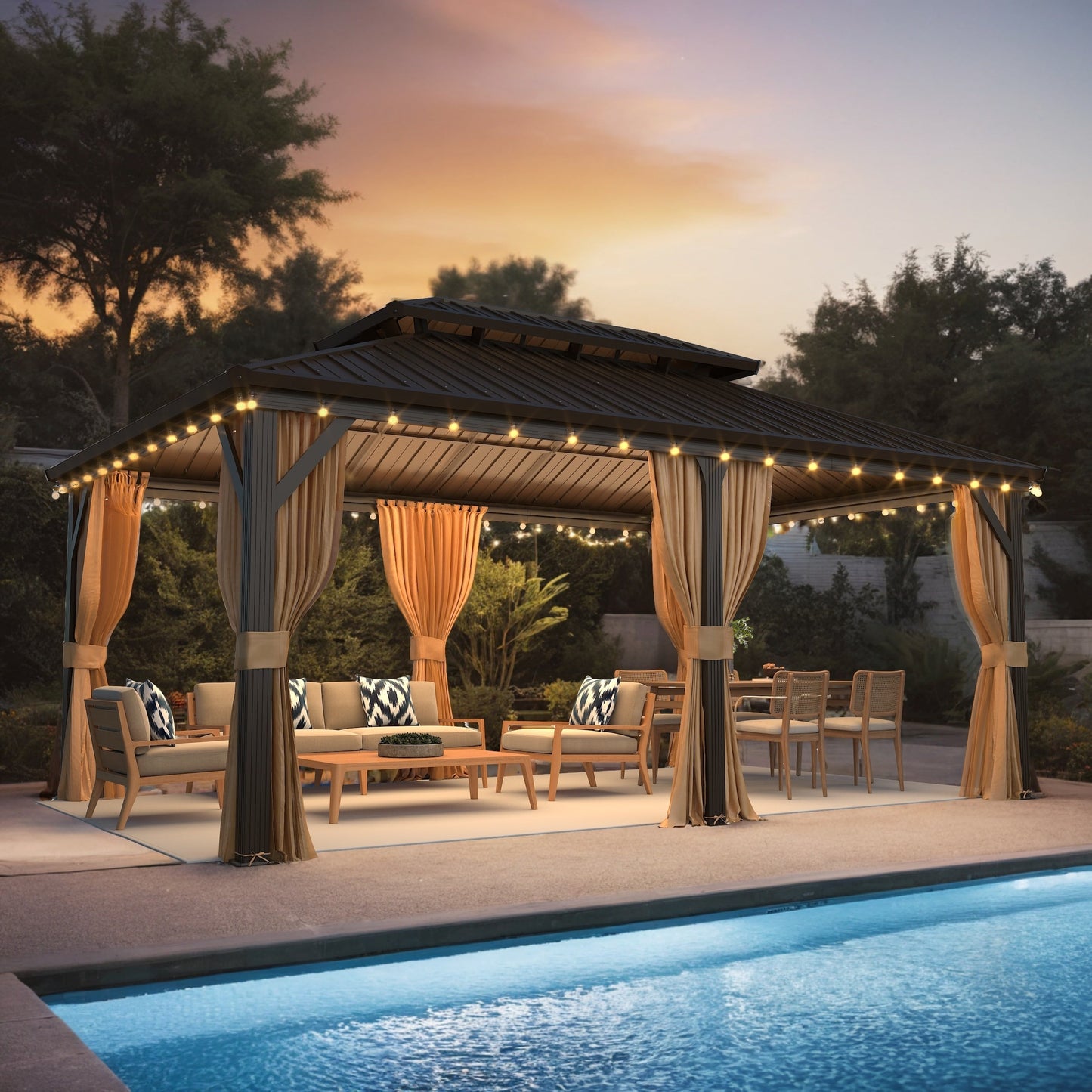 Tonnelle d'extérieur à toit rigide avec double toit en acier galvanisé et cadre en aluminium, pergola extérieure avec rideaux et filets haut de gamme