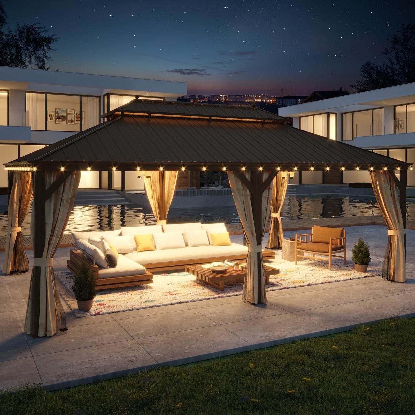 Tonnelle d'extérieur à toit rigide avec double toit en acier galvanisé et cadre en aluminium, pergola extérieure avec rideaux et filets haut de gamme