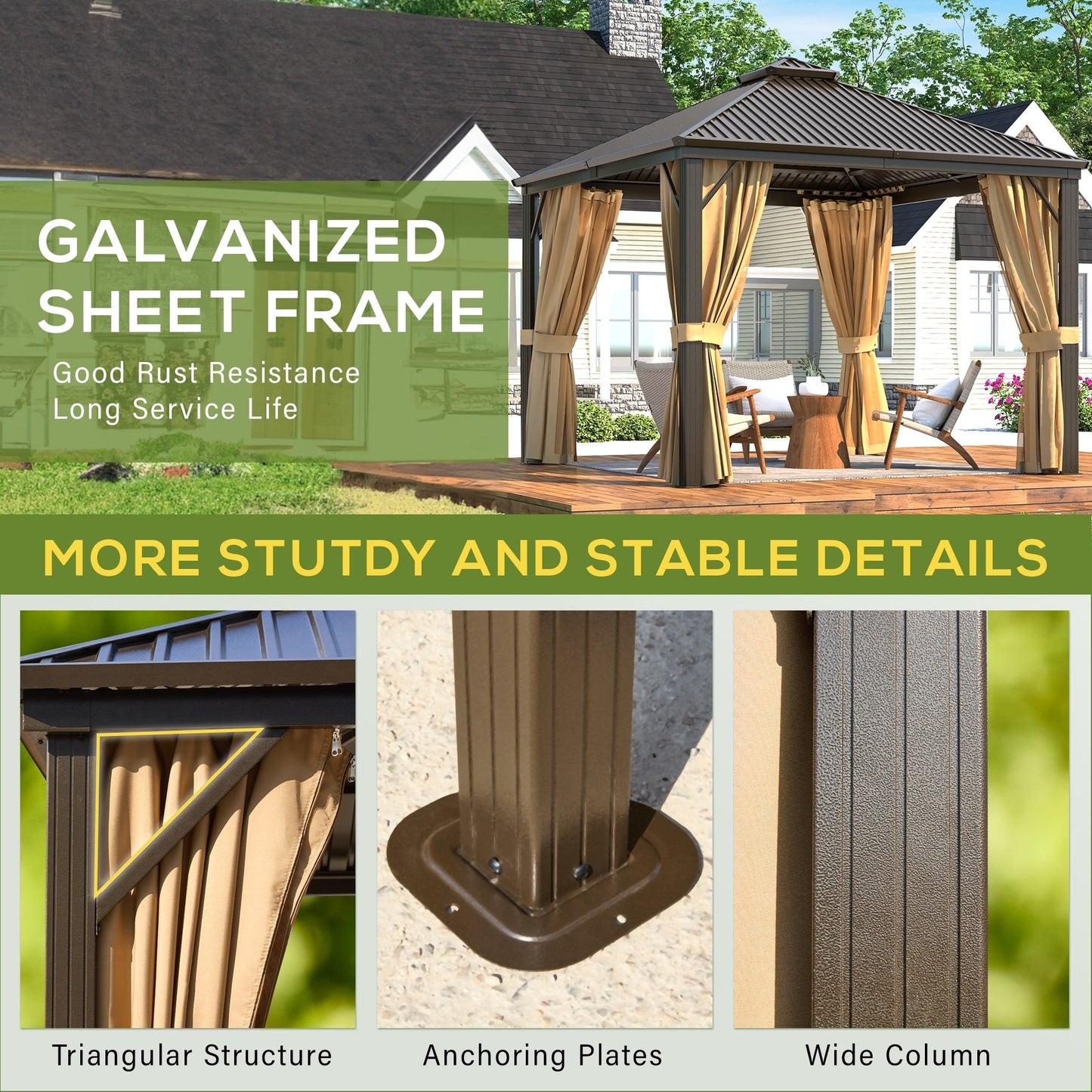 Tonnelle d'extérieur à toit rigide avec double toit en acier galvanisé et cadre en aluminium, pergola extérieure avec rideaux et filets haut de gamme