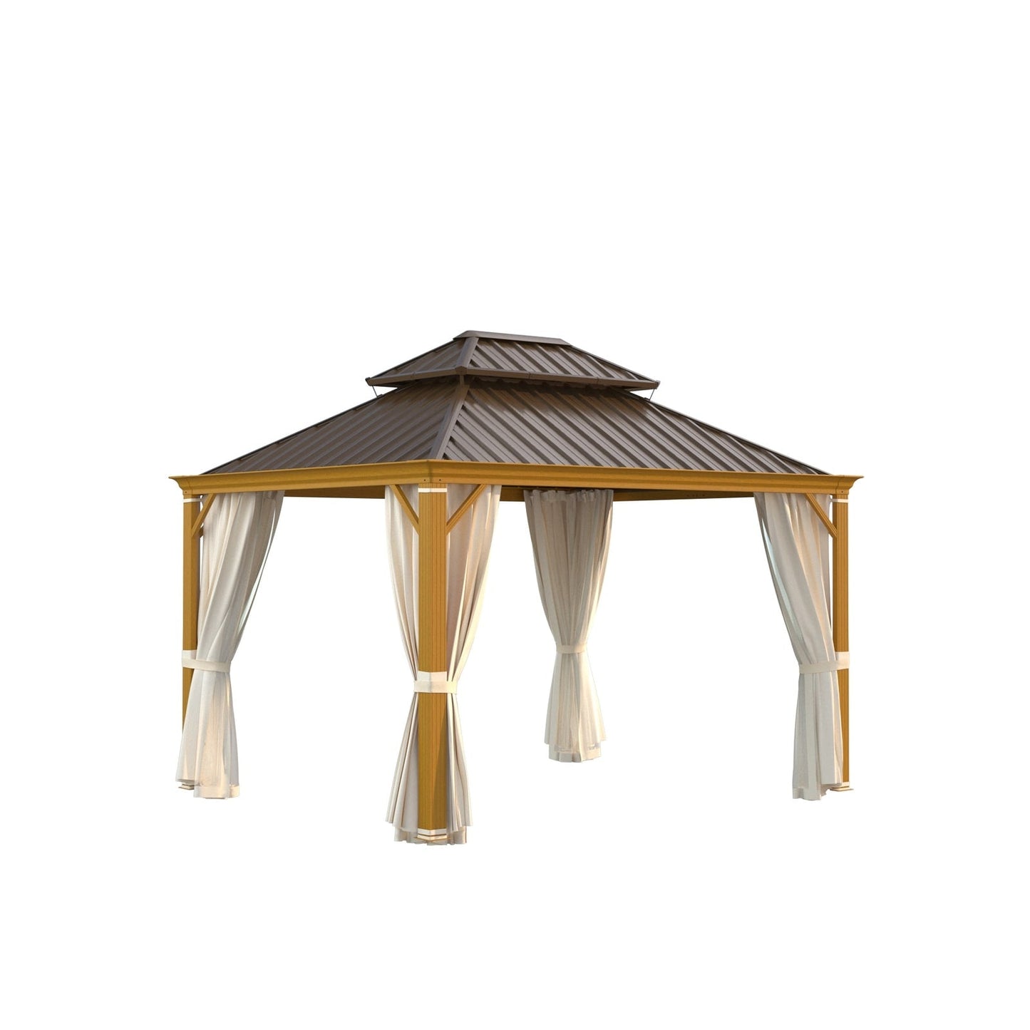 Tonnelle d'extérieur à toit rigide avec double toit en acier galvanisé et cadre en aluminium, pergola extérieure avec rideaux et filets haut de gamme
