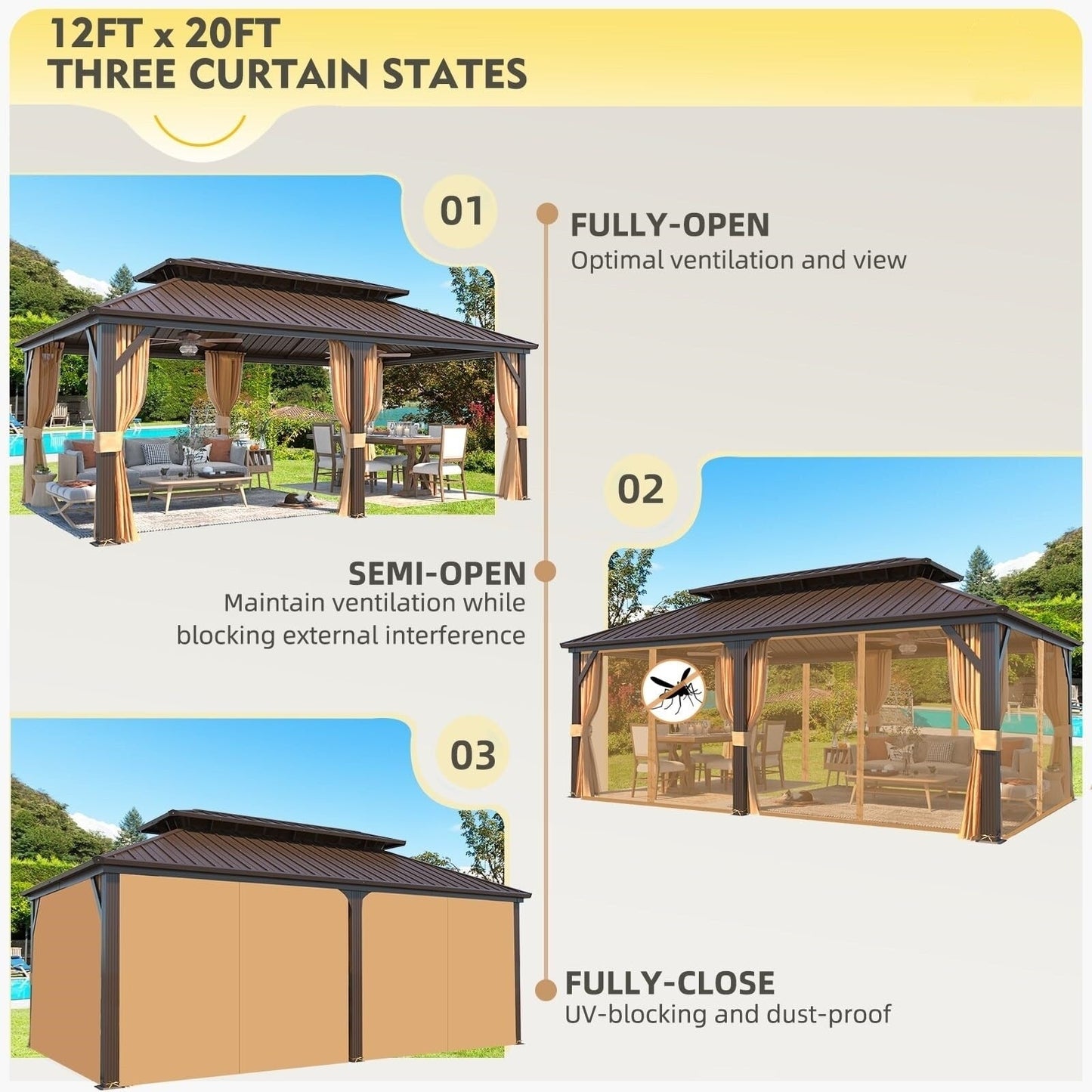 Tonnelle d'extérieur à toit rigide avec double toit en acier galvanisé et cadre en aluminium, pergola extérieure avec rideaux et filets haut de gamme