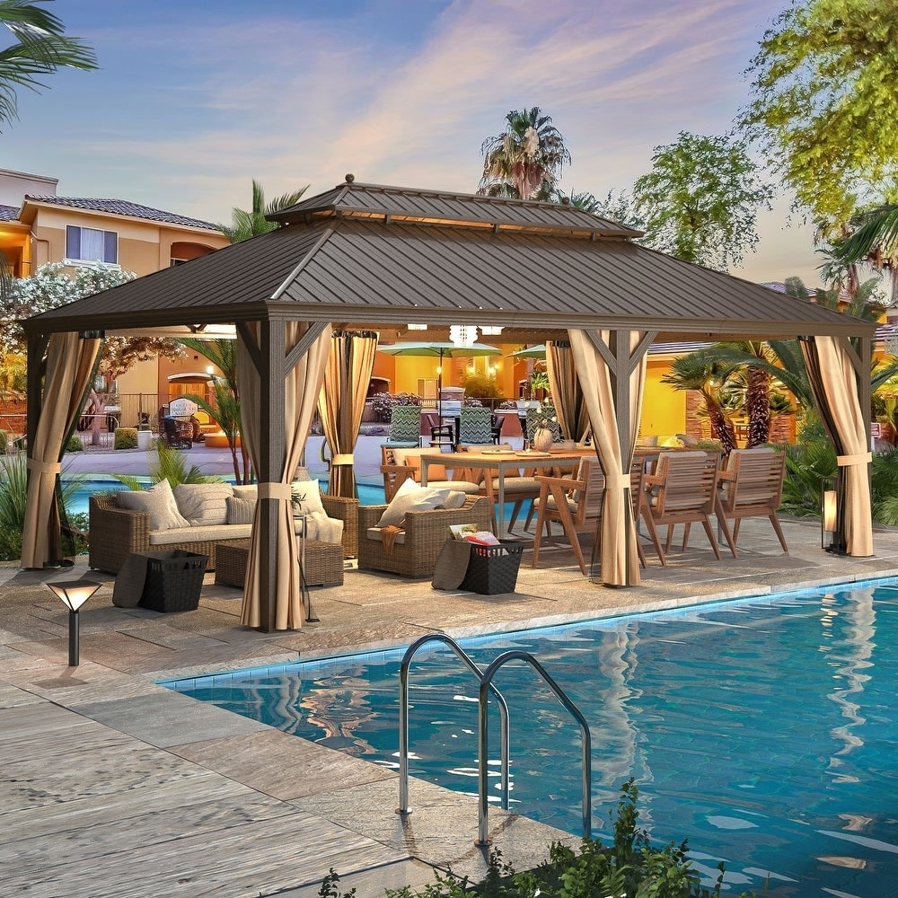 Tonnelle d'extérieur à toit rigide avec double toit en acier galvanisé et cadre en aluminium, pergola extérieure avec rideaux et filets haut de gamme