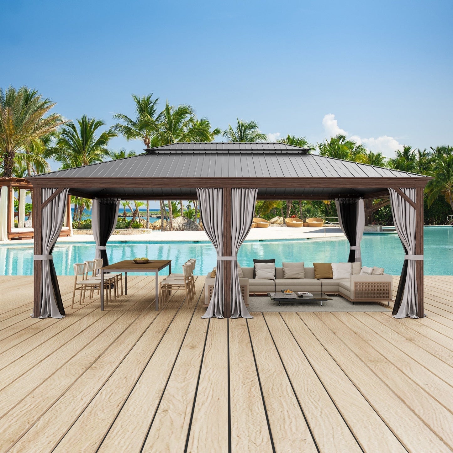 Tonnelle d'extérieur à toit rigide avec double toit en acier galvanisé et cadre en aluminium, pergola extérieure avec rideaux et filets haut de gamme