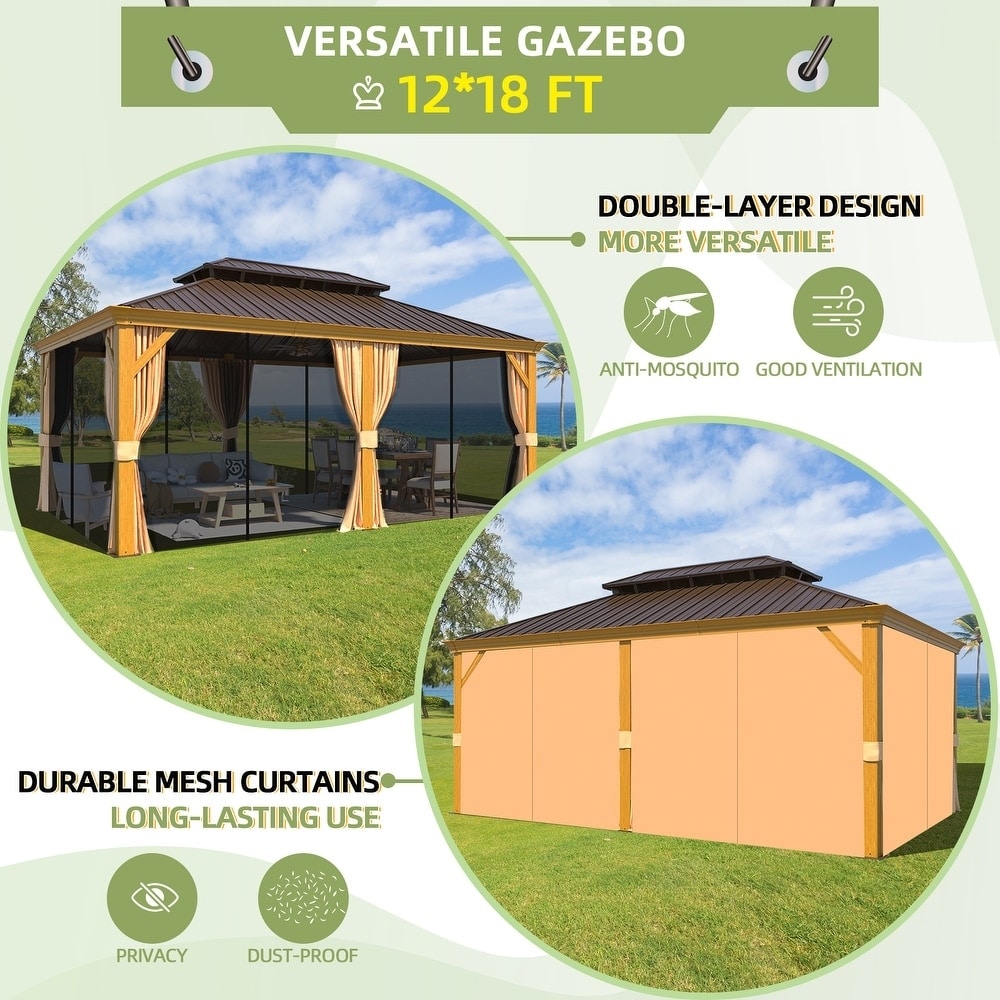 Tonnelle d'extérieur à toit rigide avec double toit en acier galvanisé et cadre en aluminium, pergola extérieure avec rideaux et filets haut de gamme