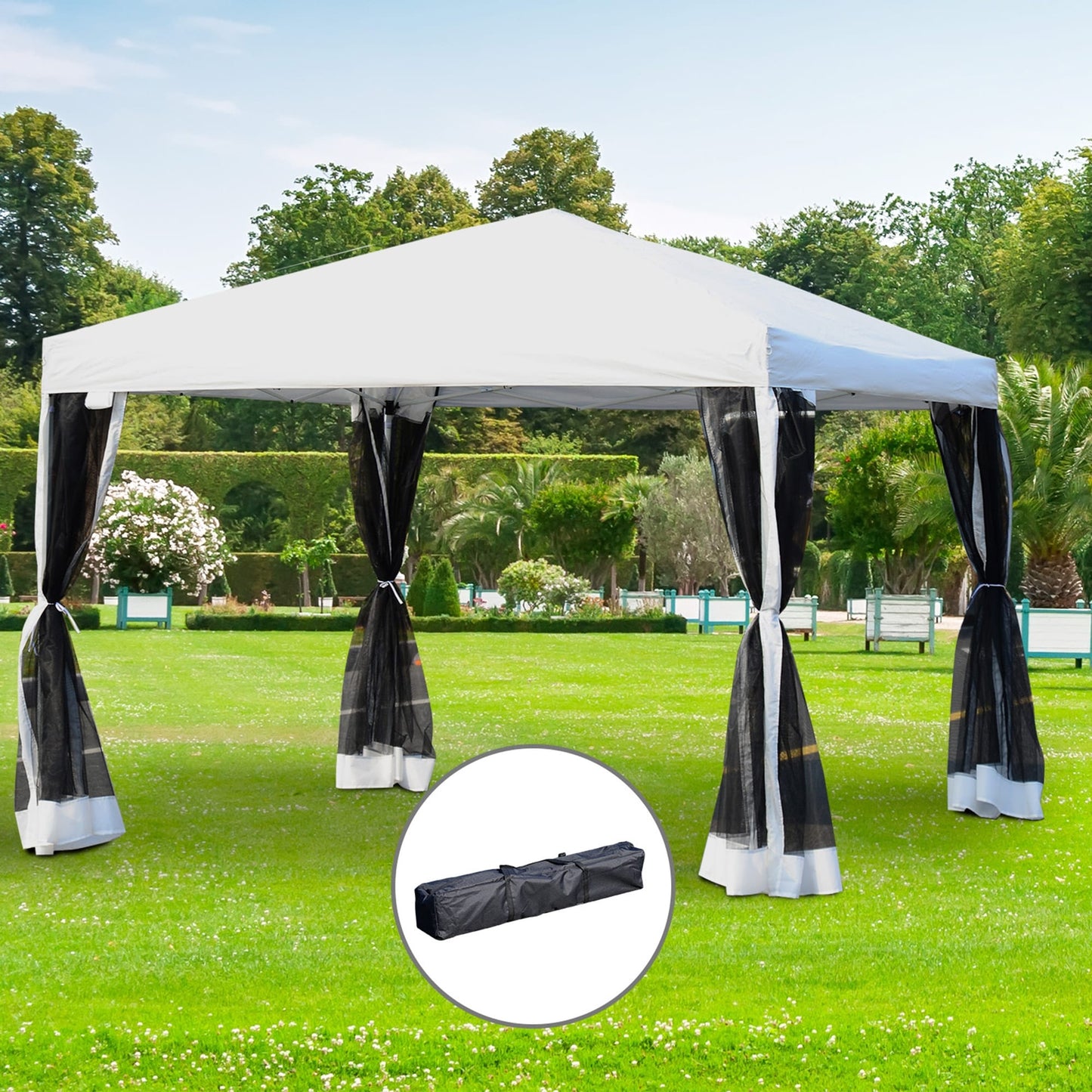 Auvent pop-up robuste Outsunny 10' x 10' avec filet latéral amovible en maille, conception facile à installer, événement de fête en plein air