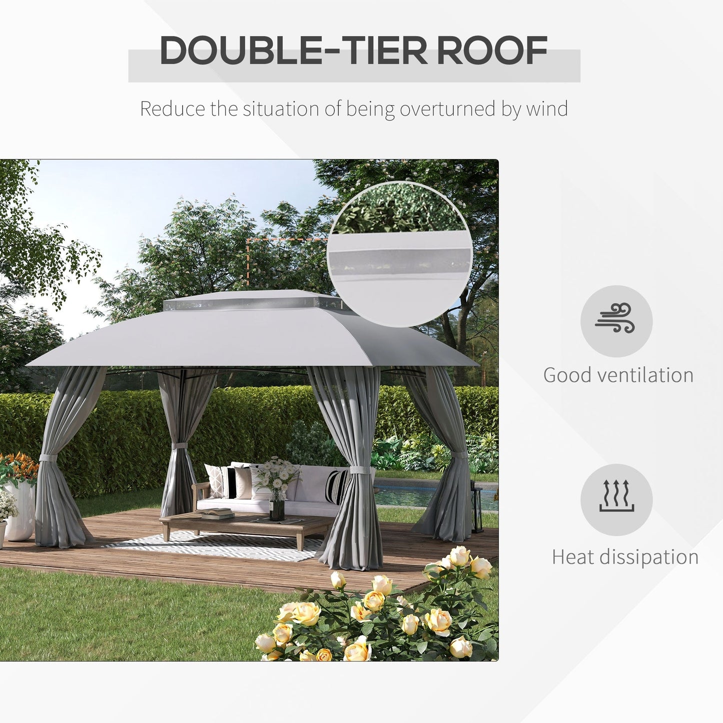 Gazebo de terrasse Outsunny 10' x 13', abri d'extérieur avec parois latérales, toit à double ventilation et structure en acier
