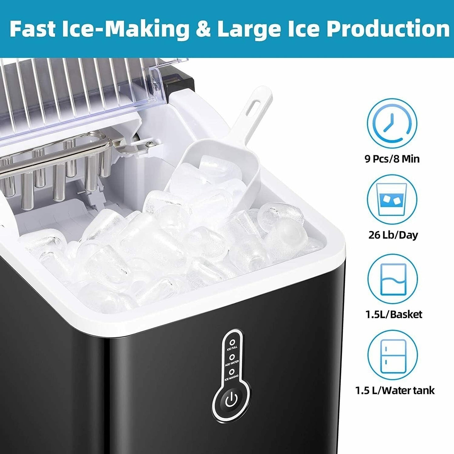 Portable Countertop Ice Maker Machine,26Lbs/24H, Self-Cleaning Home, Low Noise