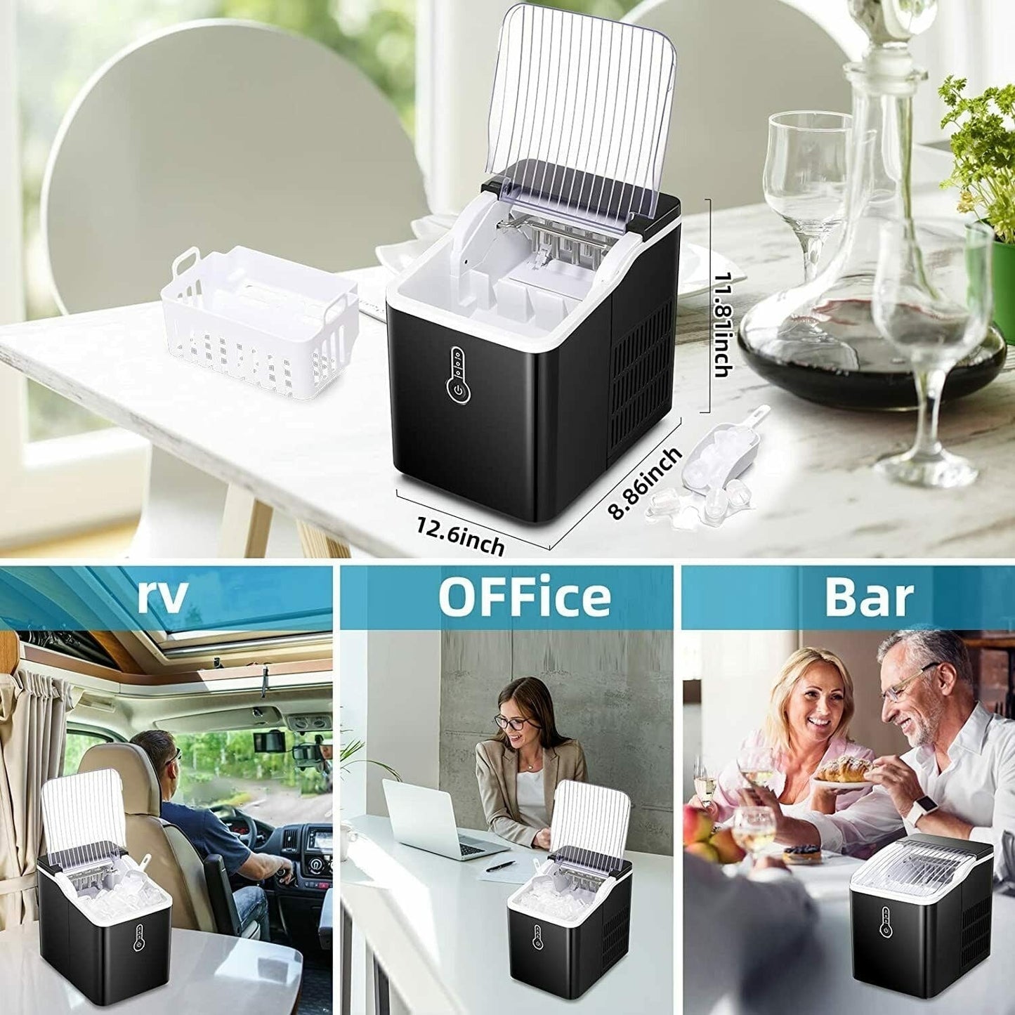 Portable Countertop Ice Maker Machine,26Lbs/24H, Self-Cleaning Home, Low Noise