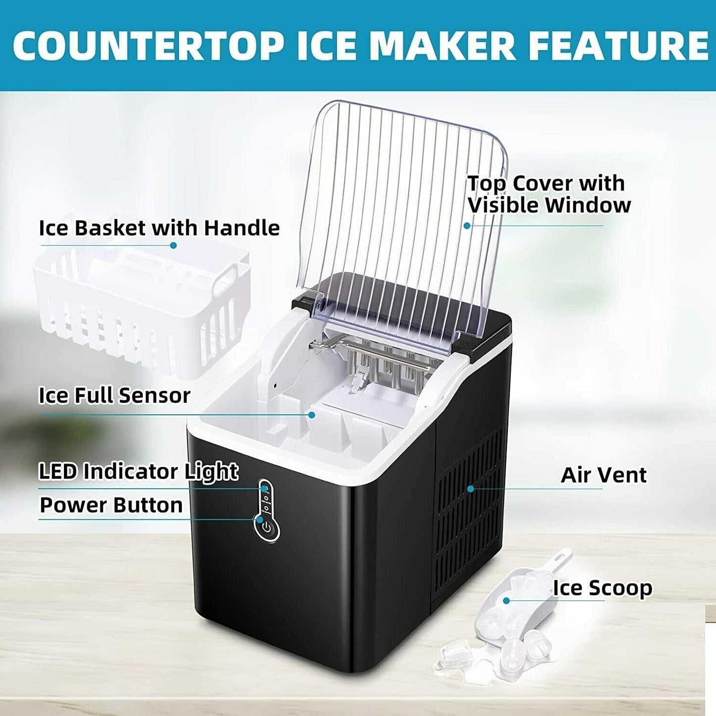 Portable Countertop Ice Maker Machine,26Lbs/24H, Self-Cleaning Home, Low Noise