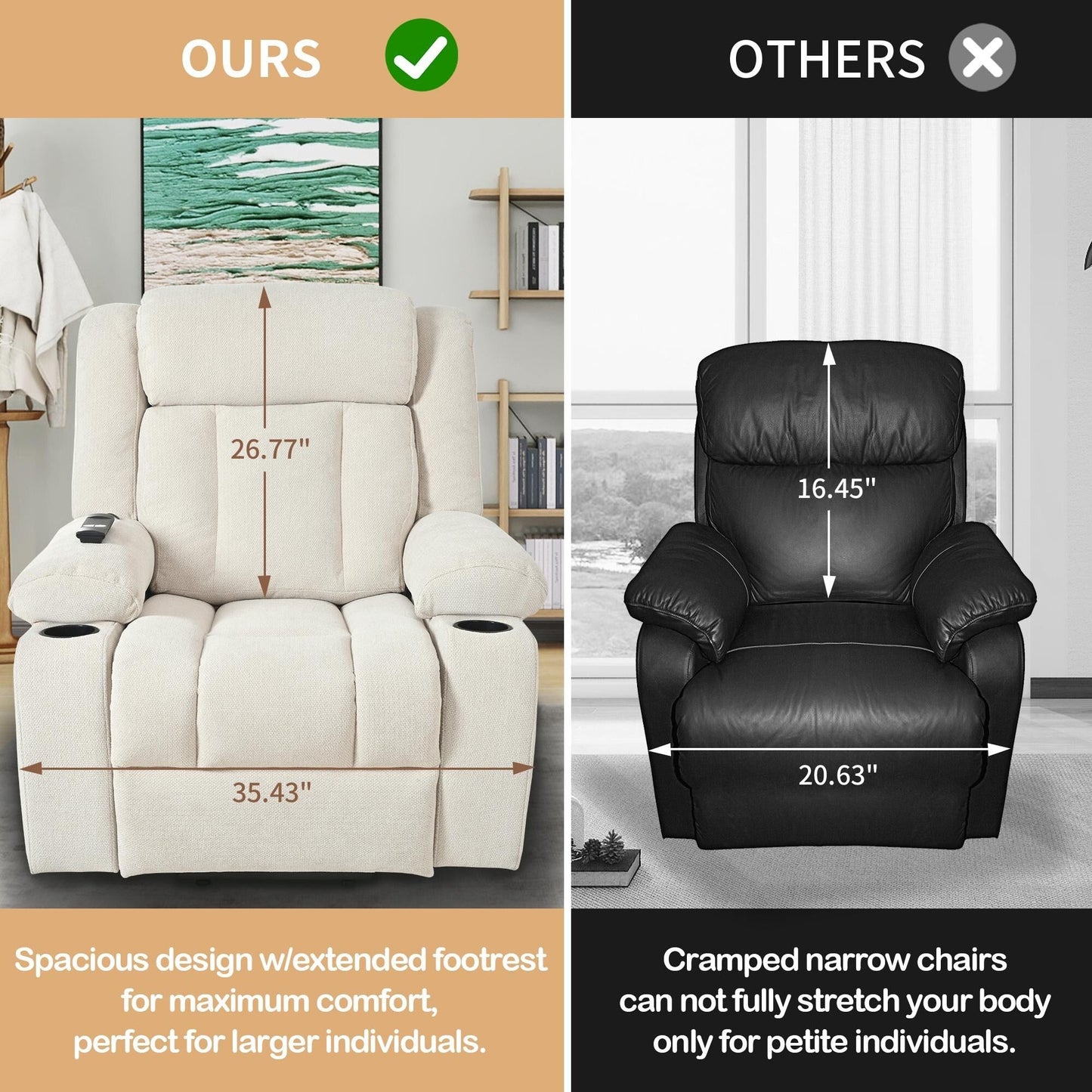 Fauteuil releveur électrique pour personnes âgées, en tissu, avec repose-pieds allongé, 2 porte-gobelets, poches latérales et télécommande.