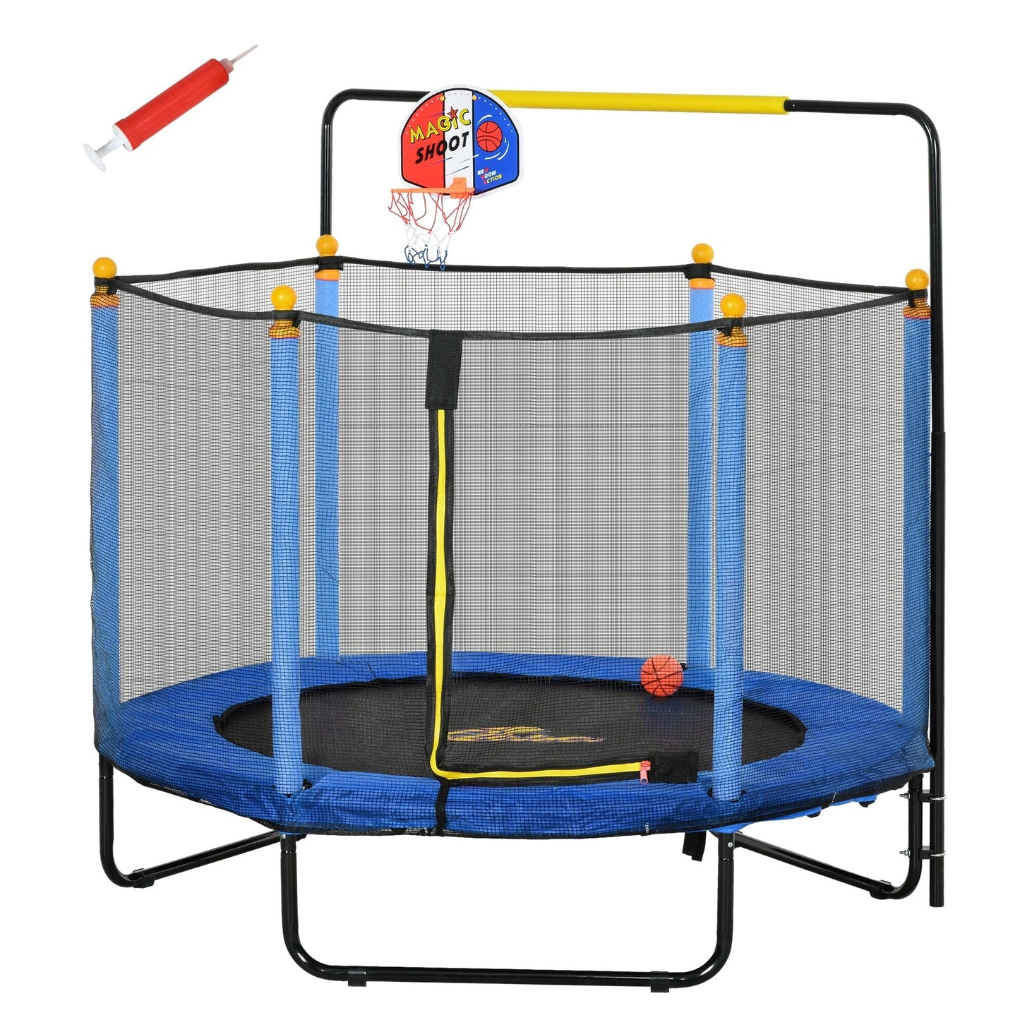 Qaba 4.6' Kids Trampoline with Basketball Hoop, Horizontal Bar, 55 Indoor Trampoline with Net