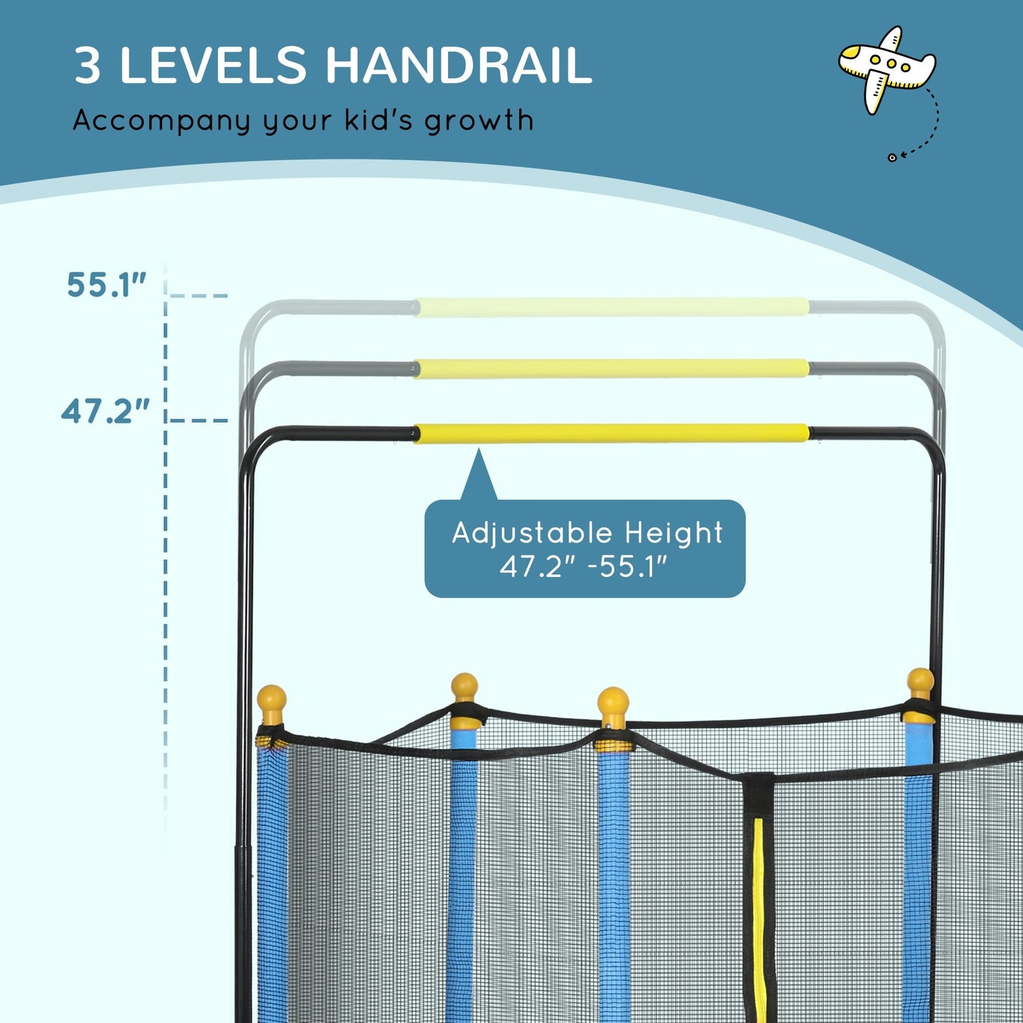 Qaba 4.6' Kids Trampoline with Basketball Hoop, Horizontal Bar, 55 Indoor Trampoline with Net