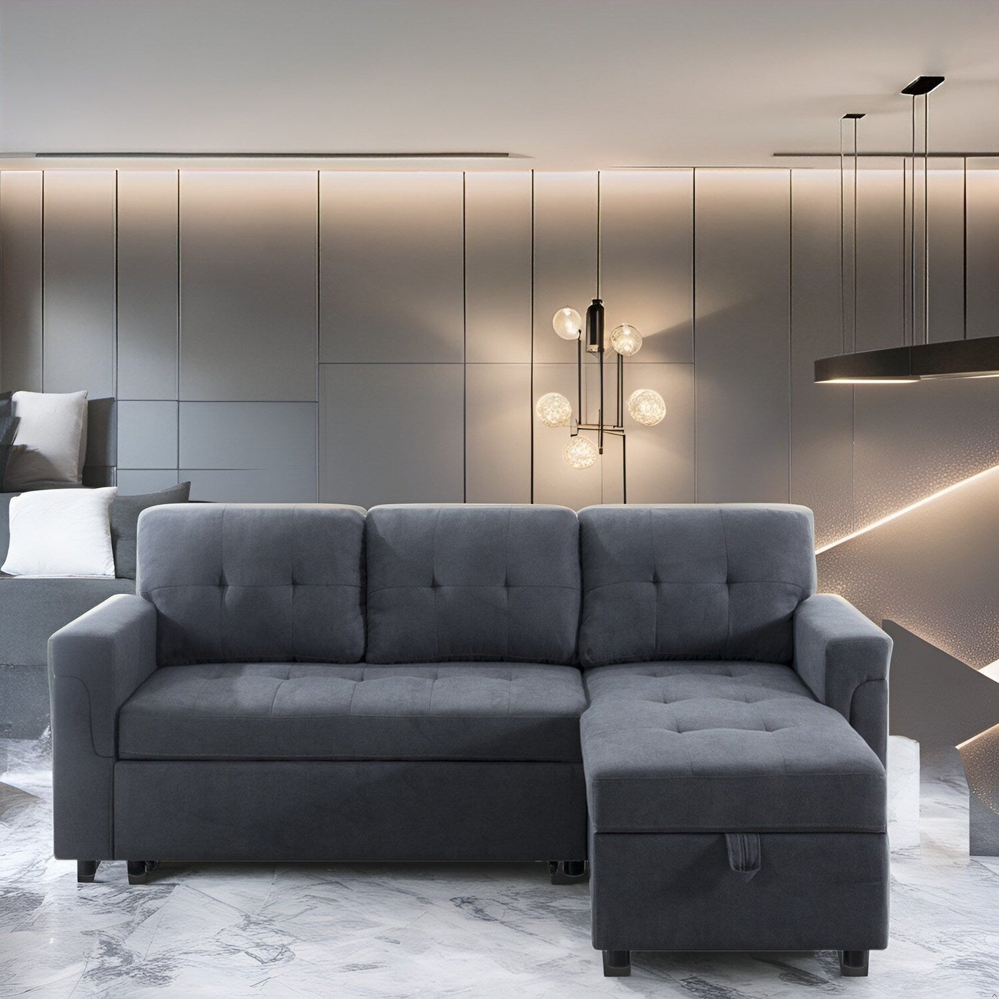 Canapé sectionnel réversible avec lit gigogne, méridienne avec rangement dissimulé, pieds durables,