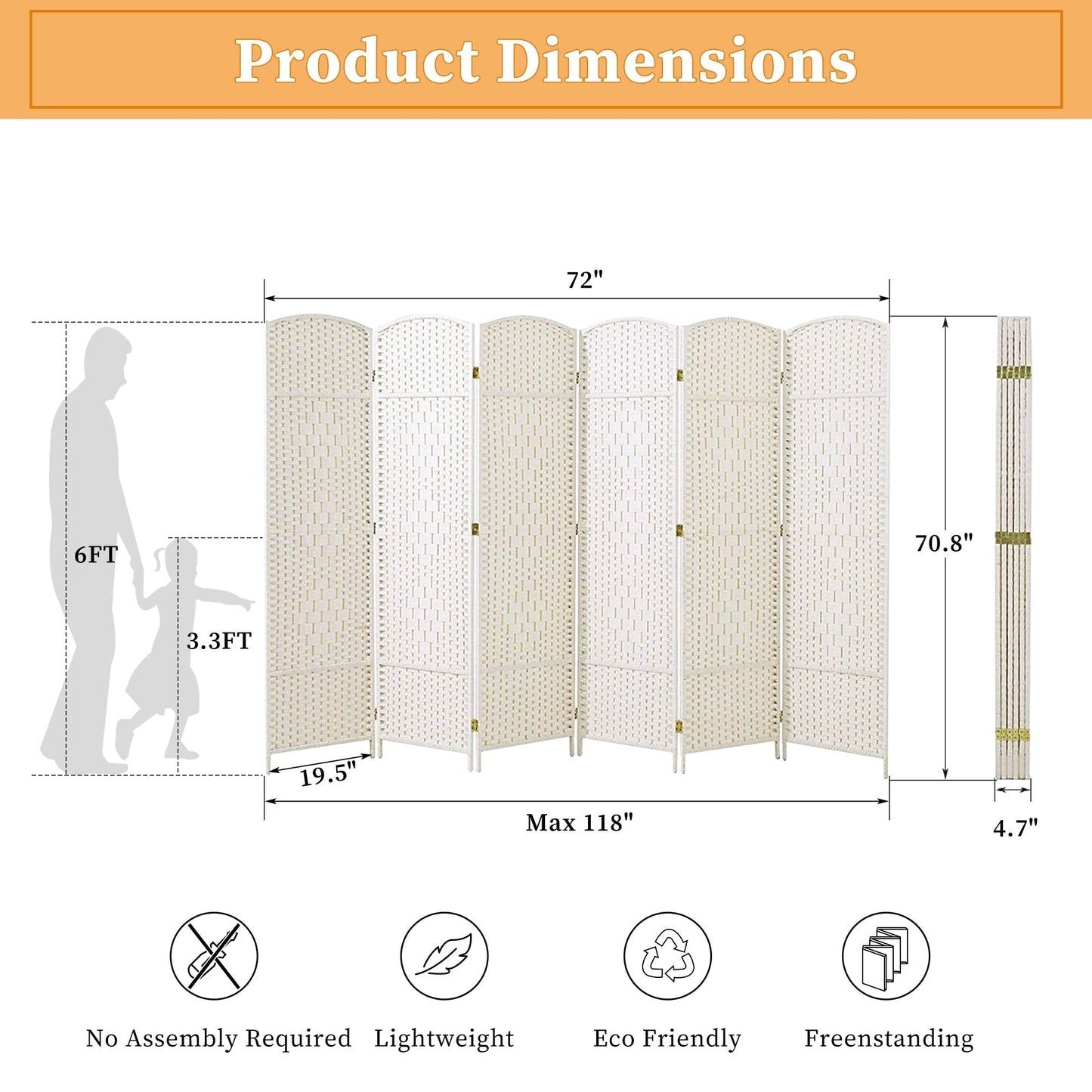 Paravent de séparation de pièce de 6 pieds de haut en fibre tissée, écran de confidentialité autoportant, écran pliant