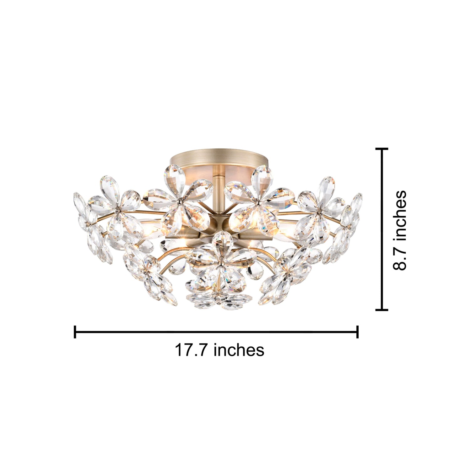 Plafonnier Rosa à 6 lumières en cristal argenté brossé, motif fleur de champagne - 45 cm de diamètre x 22 cm de hauteur