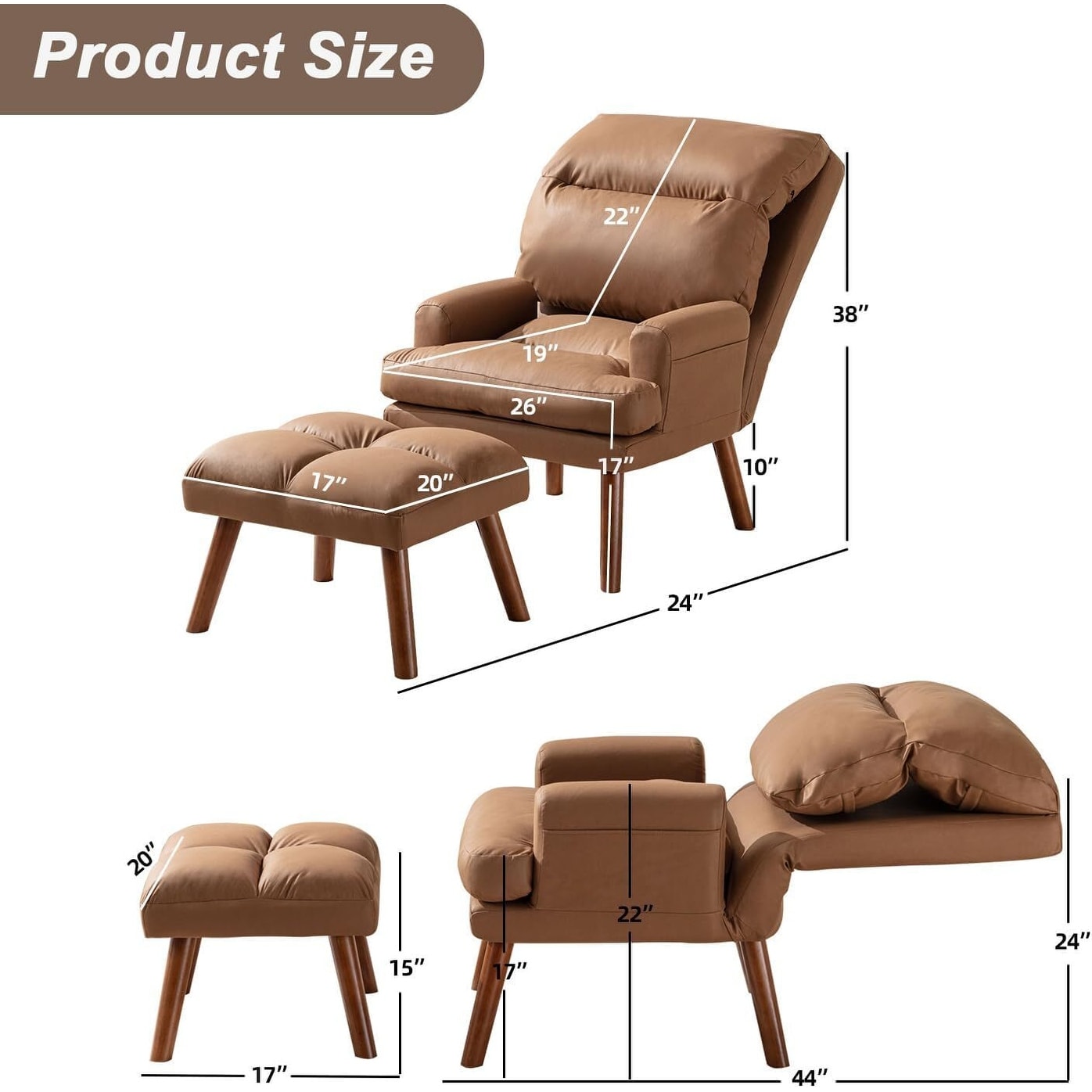 Fauteuil de salon décontracté en tissu doux avec dossier et pieds réglables