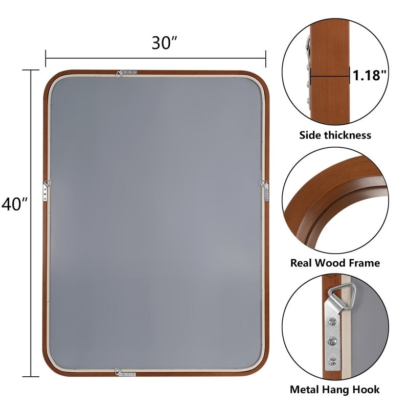 Round Corner Rectangle Farm Wall Mirror with Solid Wood Frame